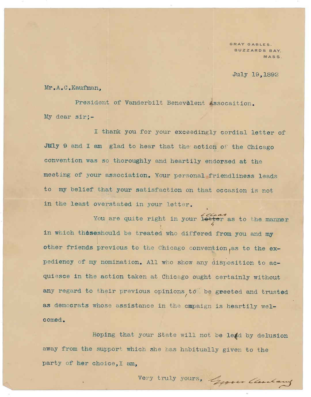 Grover Cleveland Typed Letter Signed on Democratic Unity Following