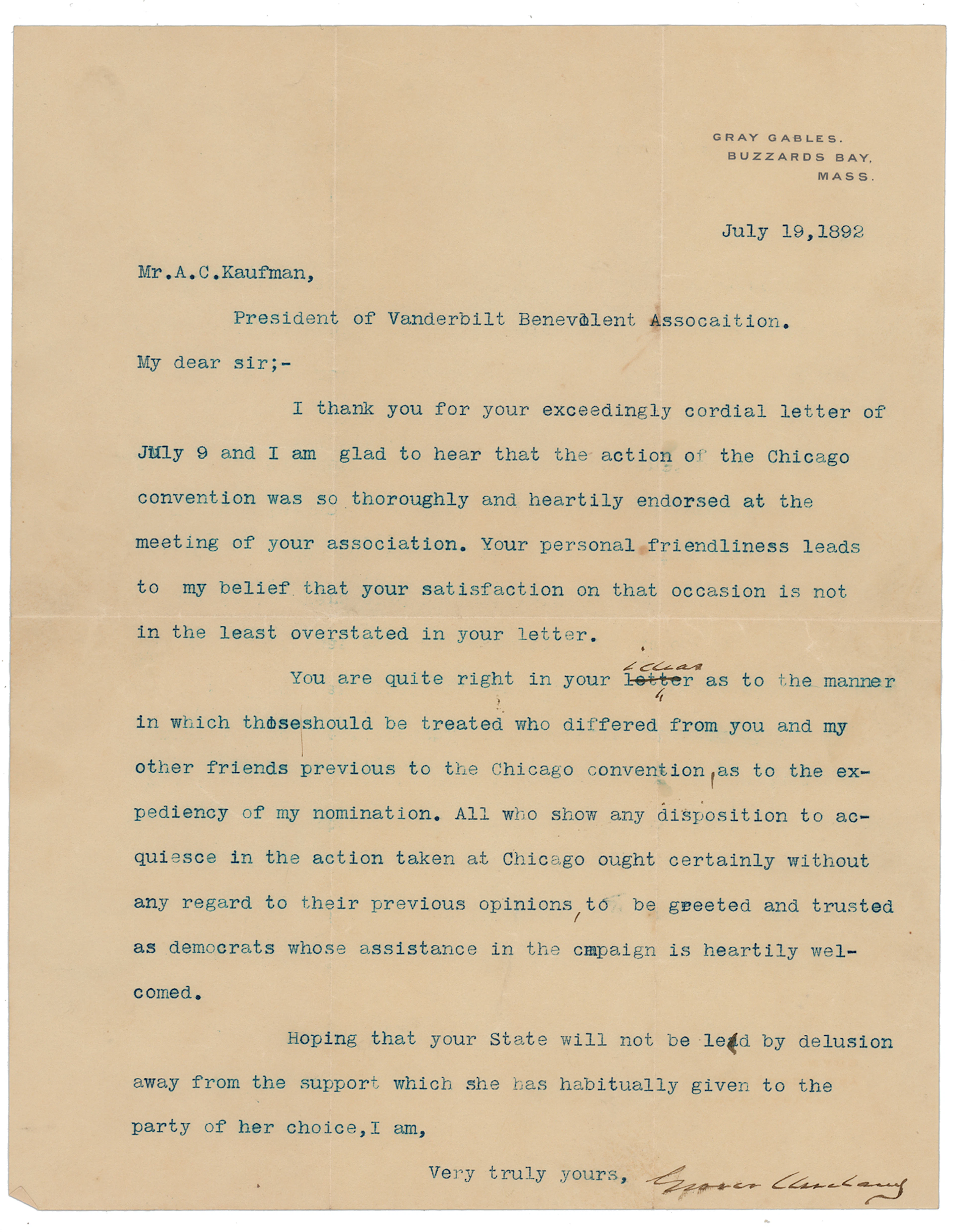 Grover Cleveland Typed Letter Signed on Democratic Unity Following