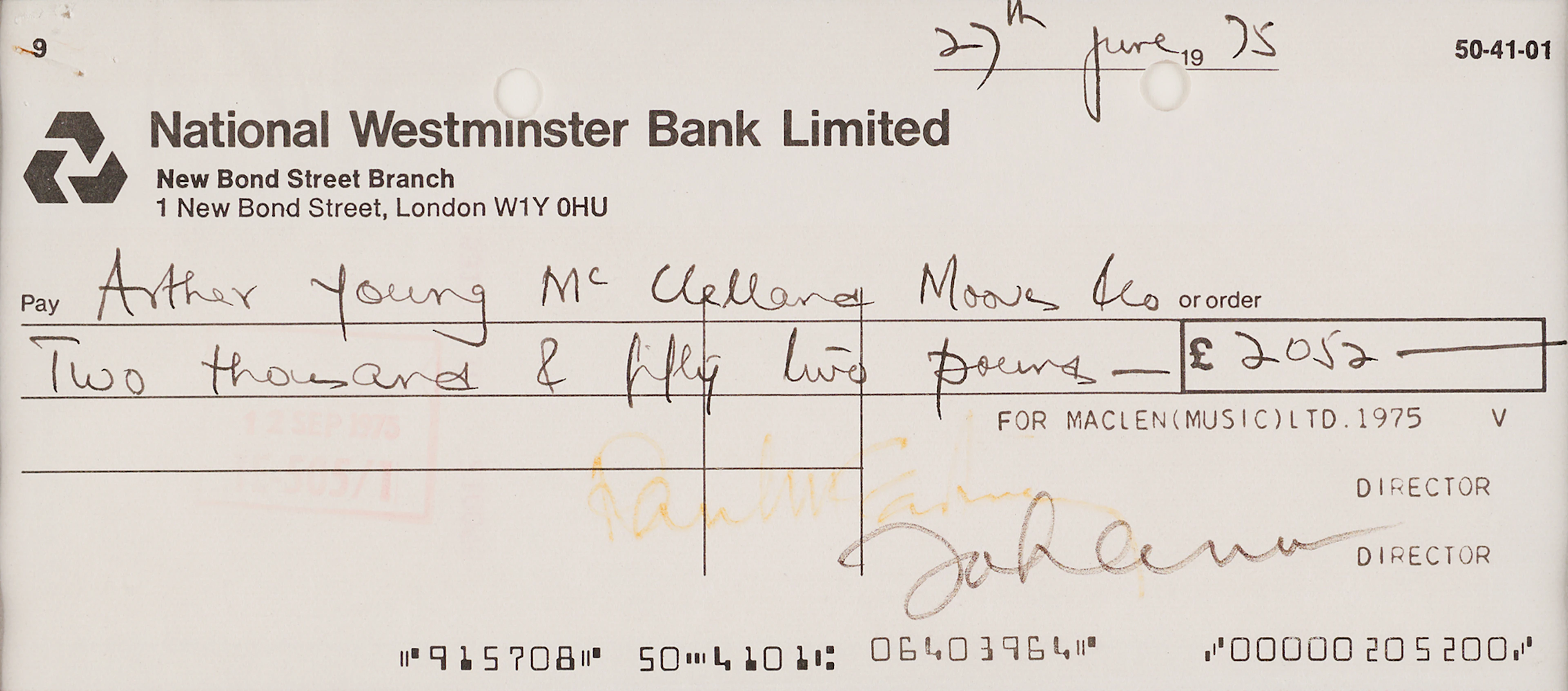 John Lennon and Paul McCartney Signed Post-Breakup 'Maclen Music Ltd.'