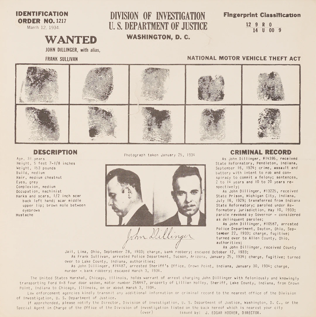 John Dillinger Department of Justice Wanted Poster (March 12, 1934)