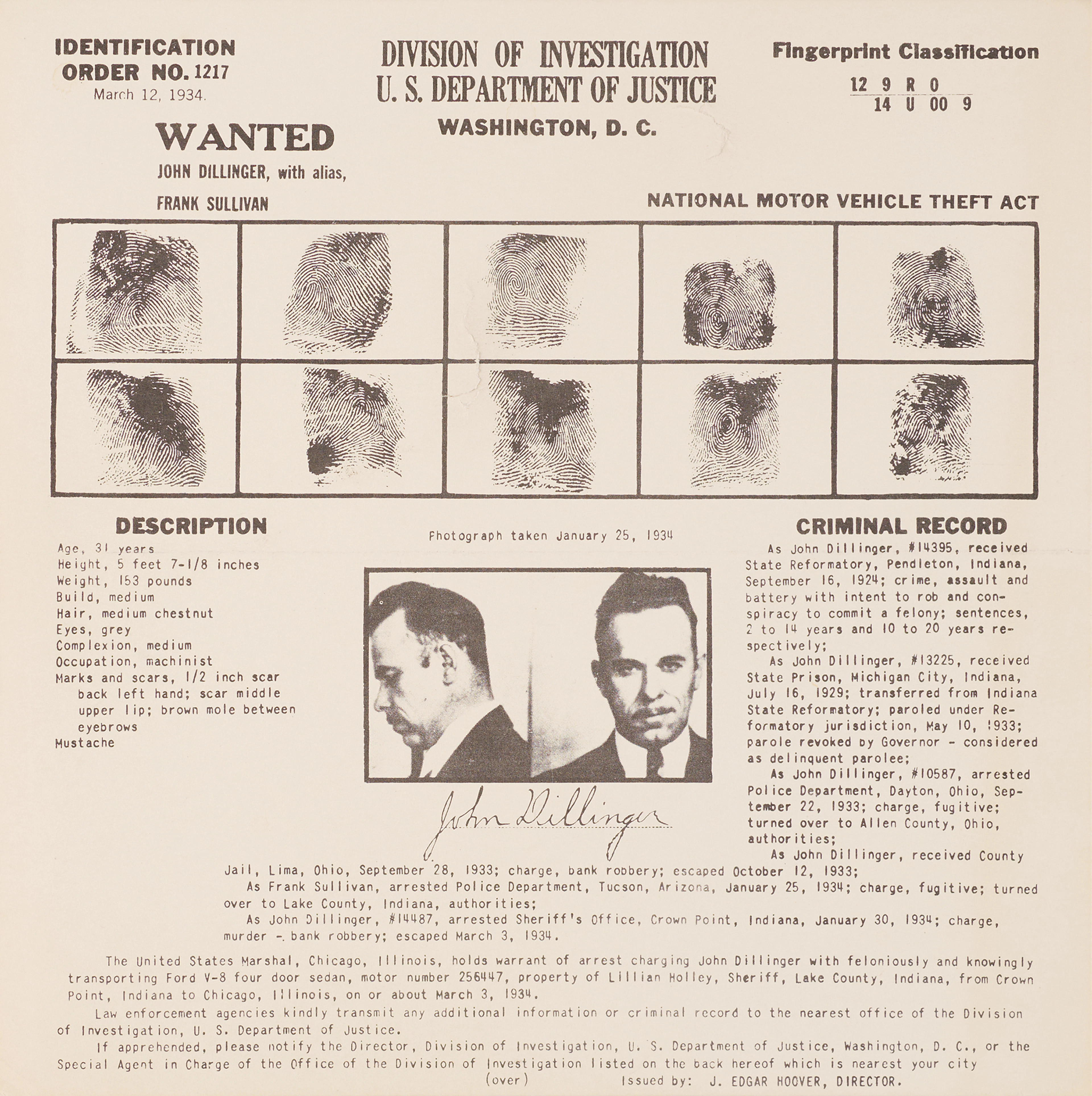 John Dillinger Department of Justice Wanted Poster (March 12, 1934)