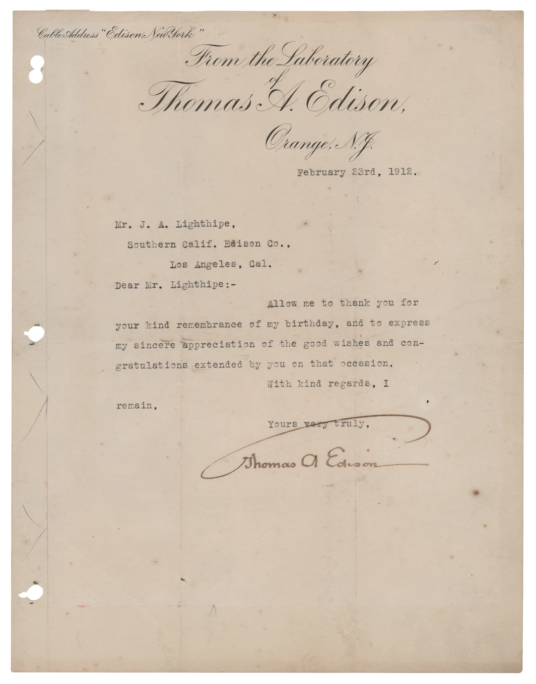 Thomas Edison Typed Letter Signed, Thanking a Southern California