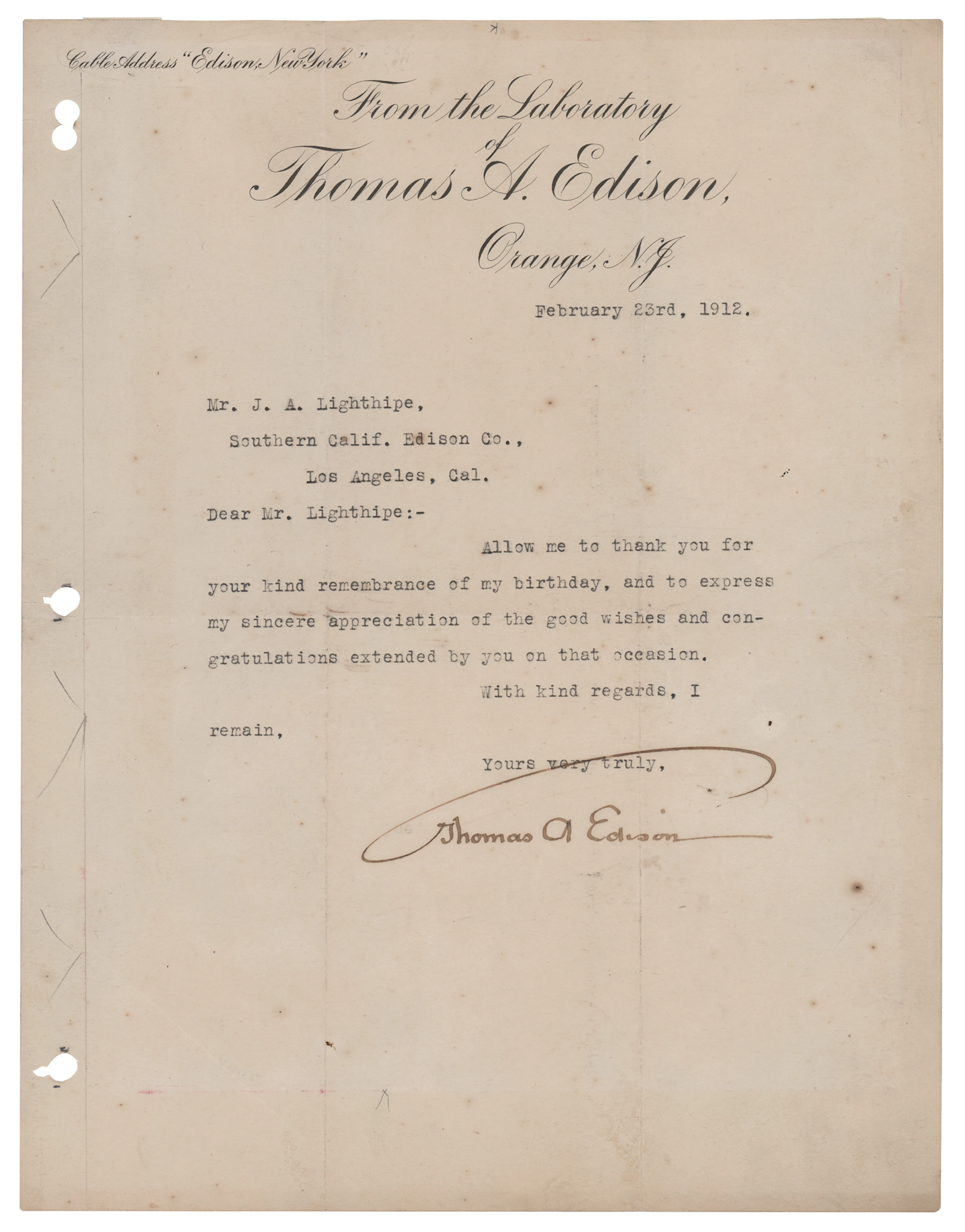 Thomas Edison Typed Letter Signed, Thanking a Southern California