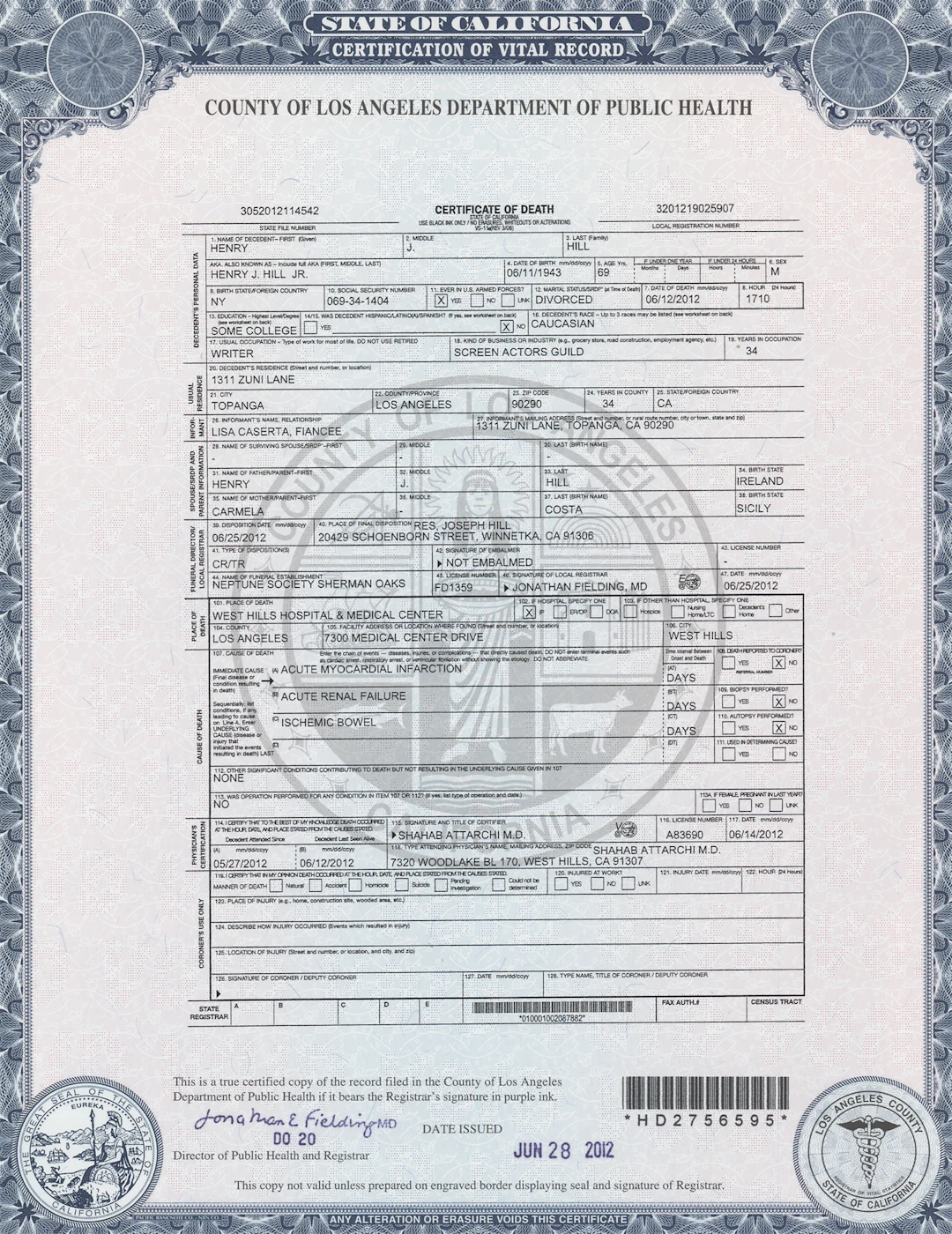 Henry Hill California Death Certificate (2012)