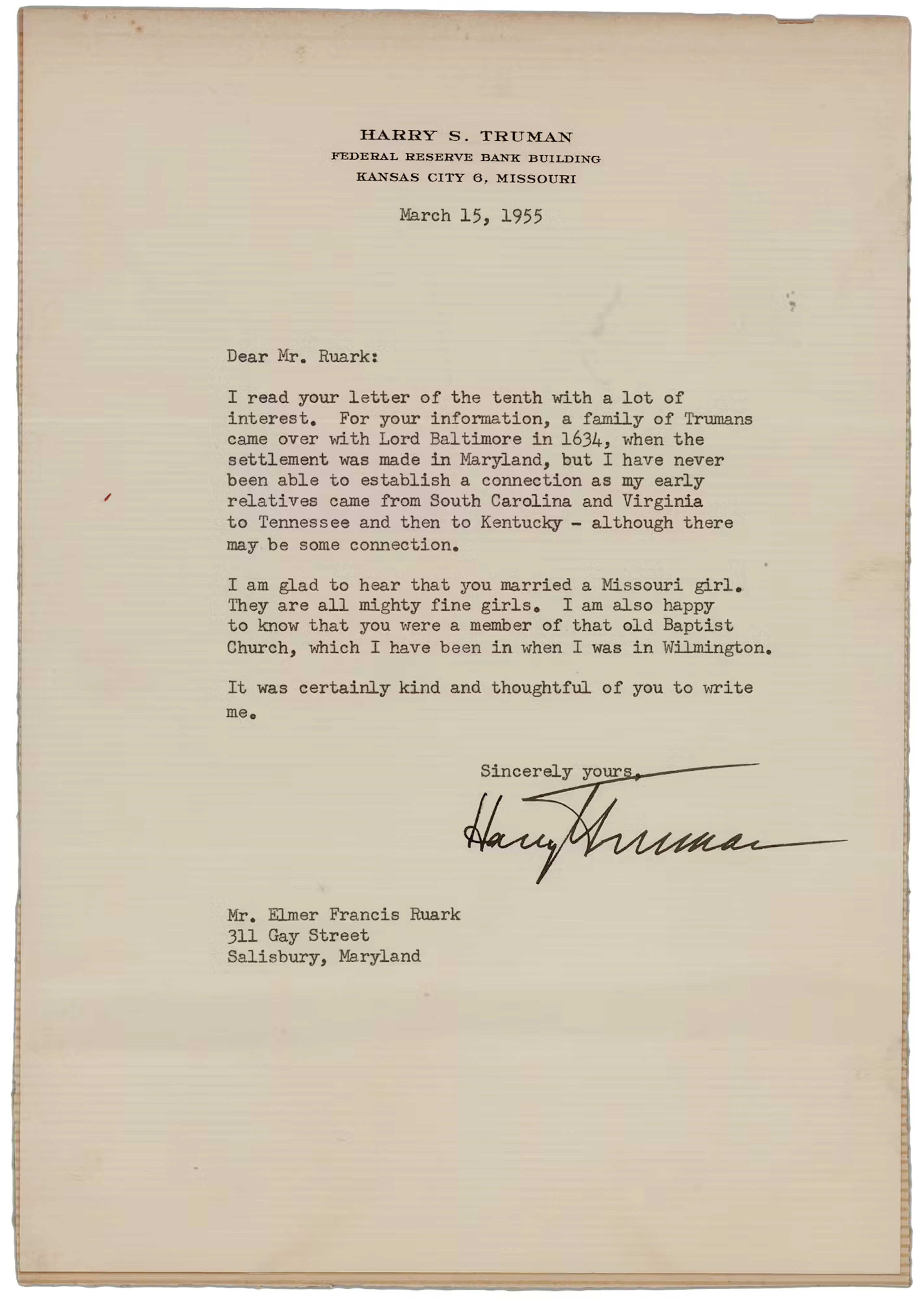 Harry S. Truman Typed Letter Signed on His Ancestry: "A family of
