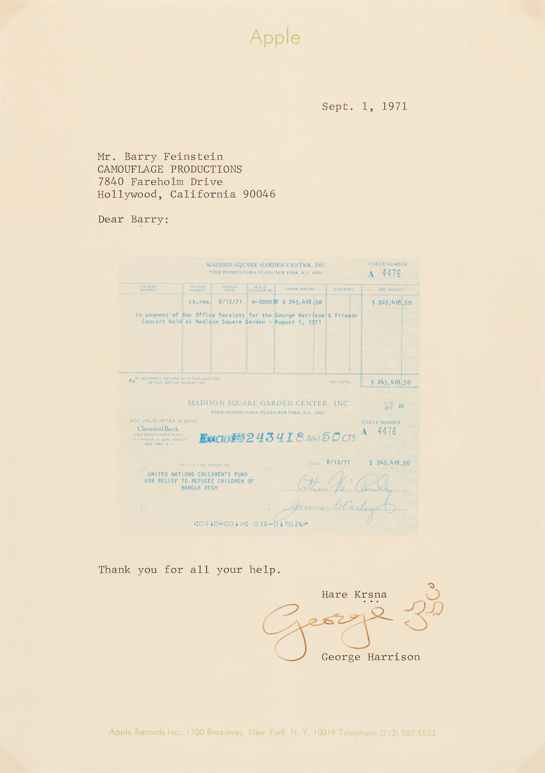 Beatles: George Harrison Typed Letter Signed on Funds Raised by The