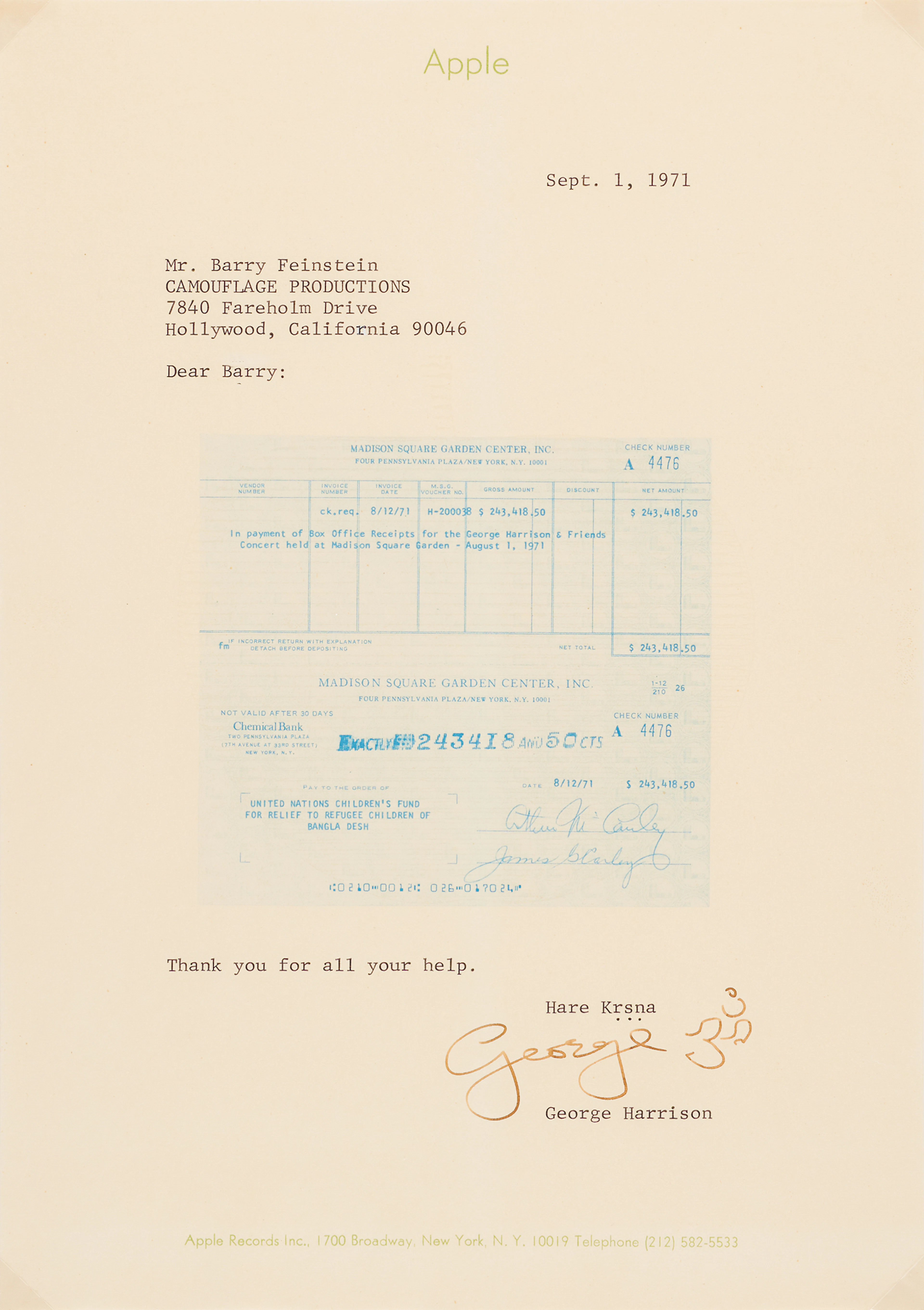 Beatles: George Harrison Typed Letter Signed on Funds Raised by The