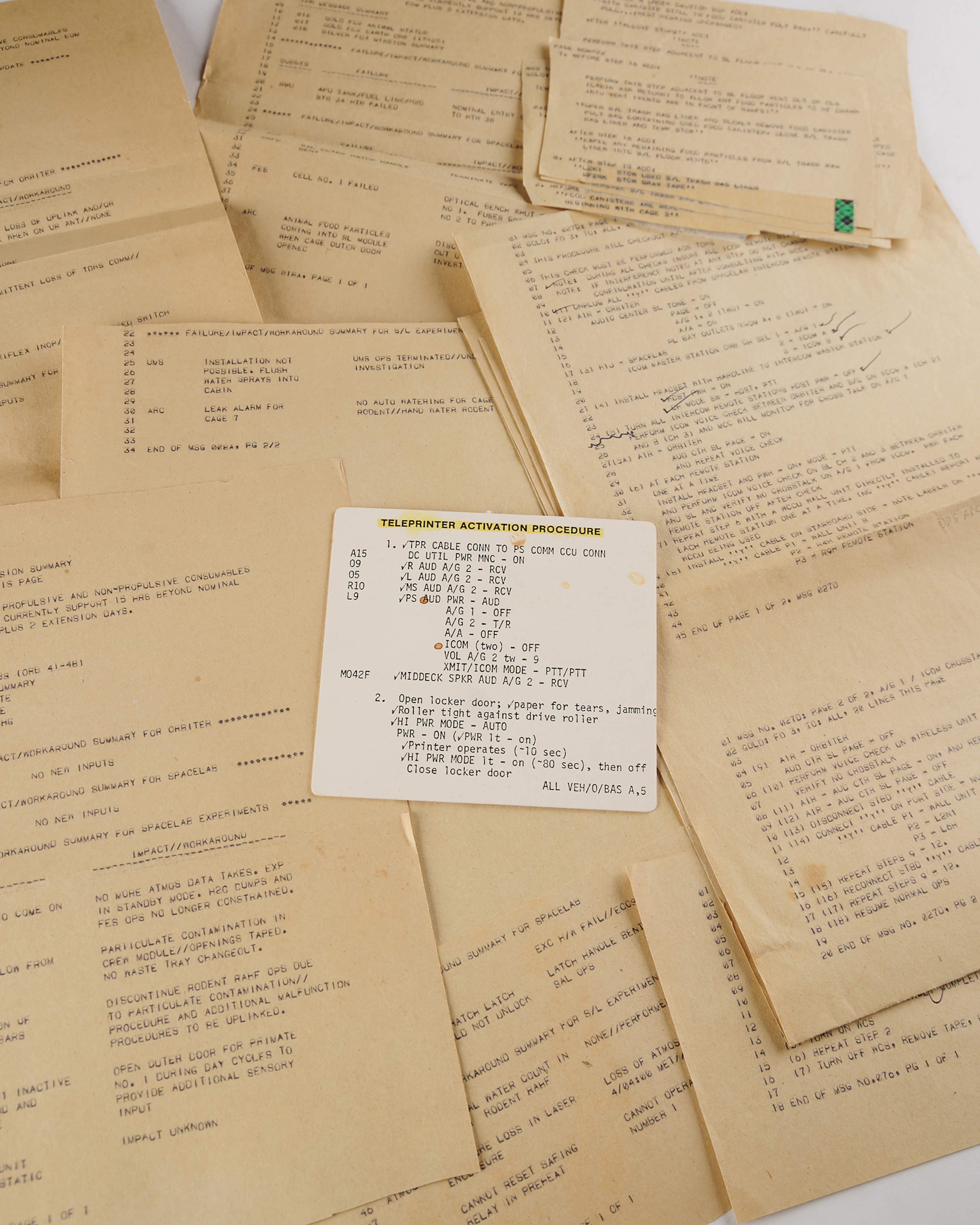 STS-51-B Teleprinter Activation Cue Card and Teleprinted Messages