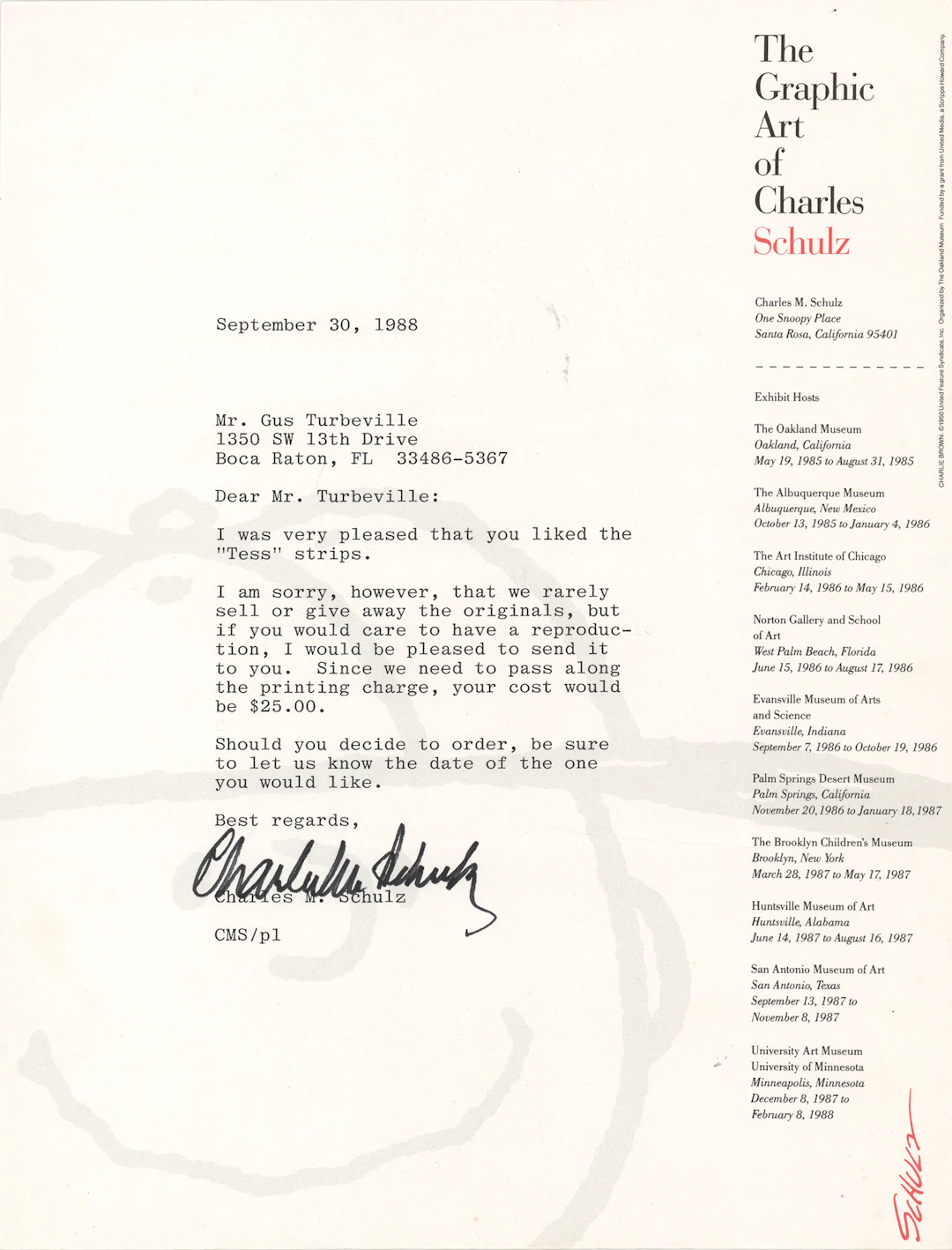 Charles Schulz Typed Letter Signed on the 1988 Peanuts “Tess” Strips