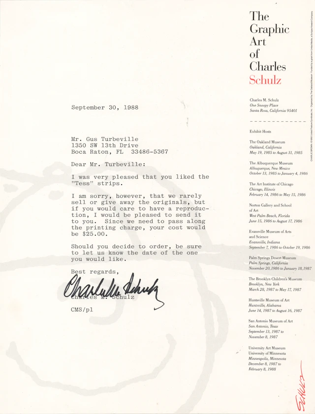 Charles Schulz Typed Letter Signed on the 1988 Peanuts “Tess” Strips