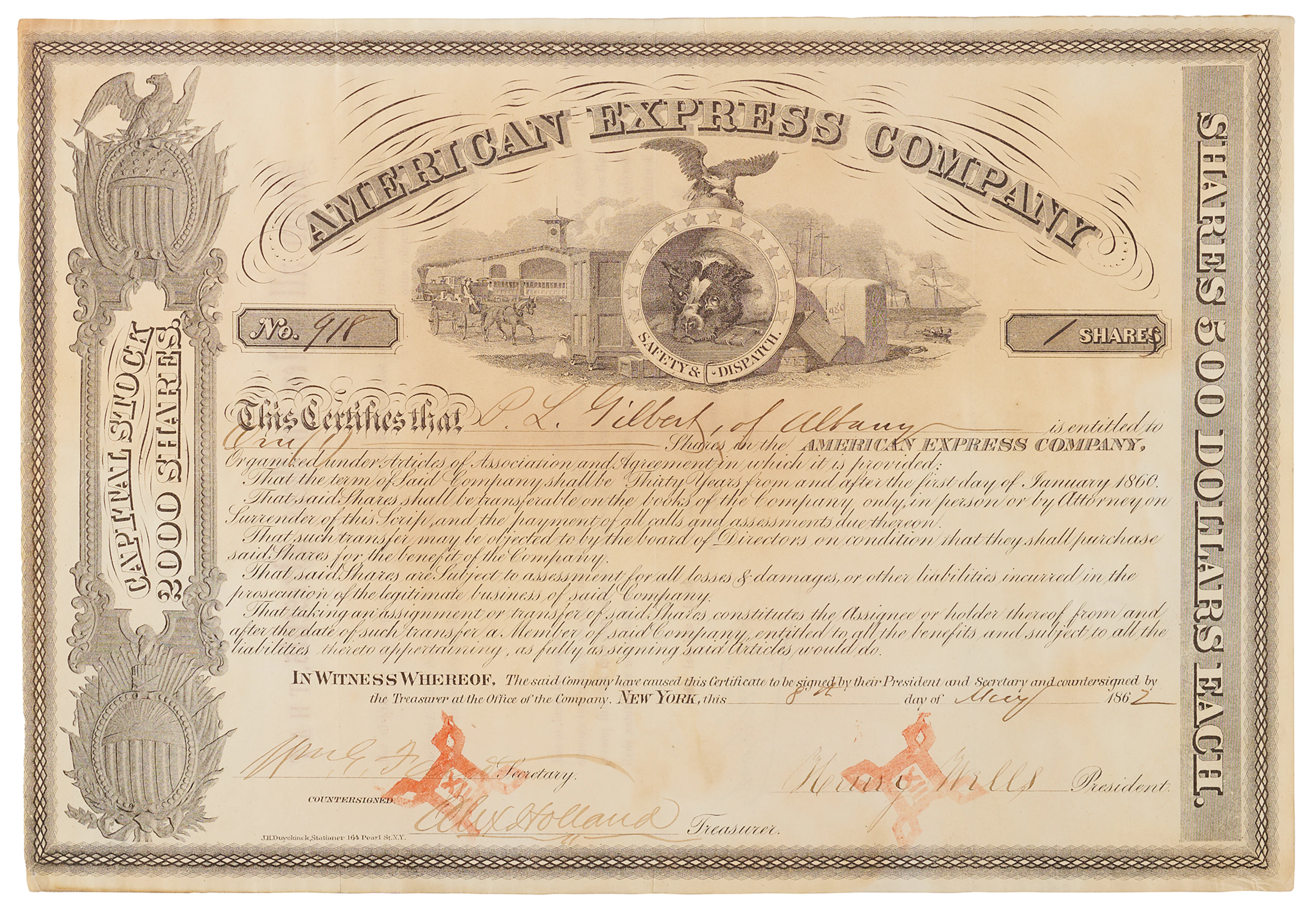 Henry Wells and William Fargo Signed American Express Stock Certificate (1862)