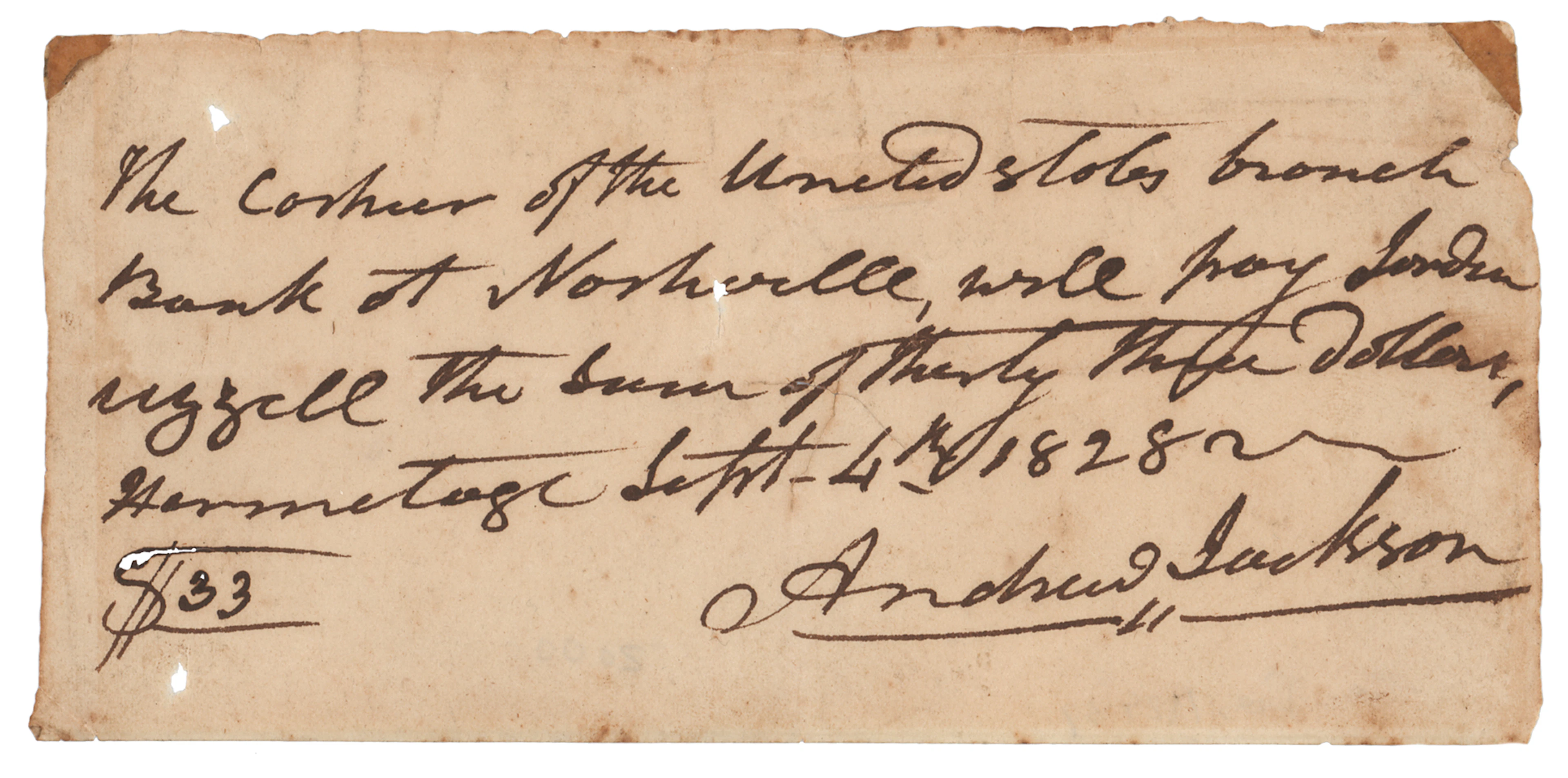 Andrew Jackson Autograph Document Signed - Pay Order Issued During