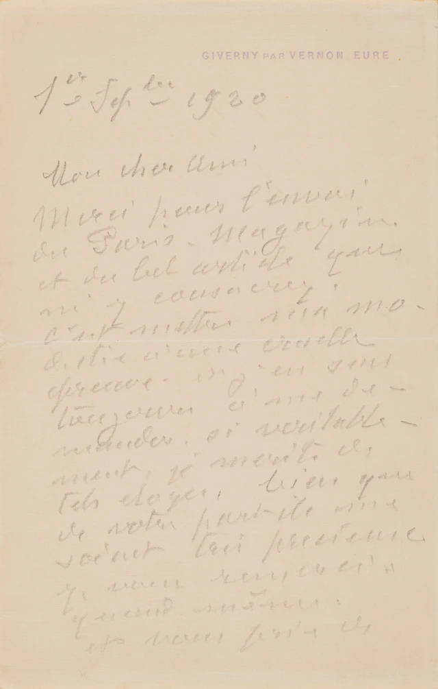 Claude Monet Autograph Letter Signed on a Glowing Article About His