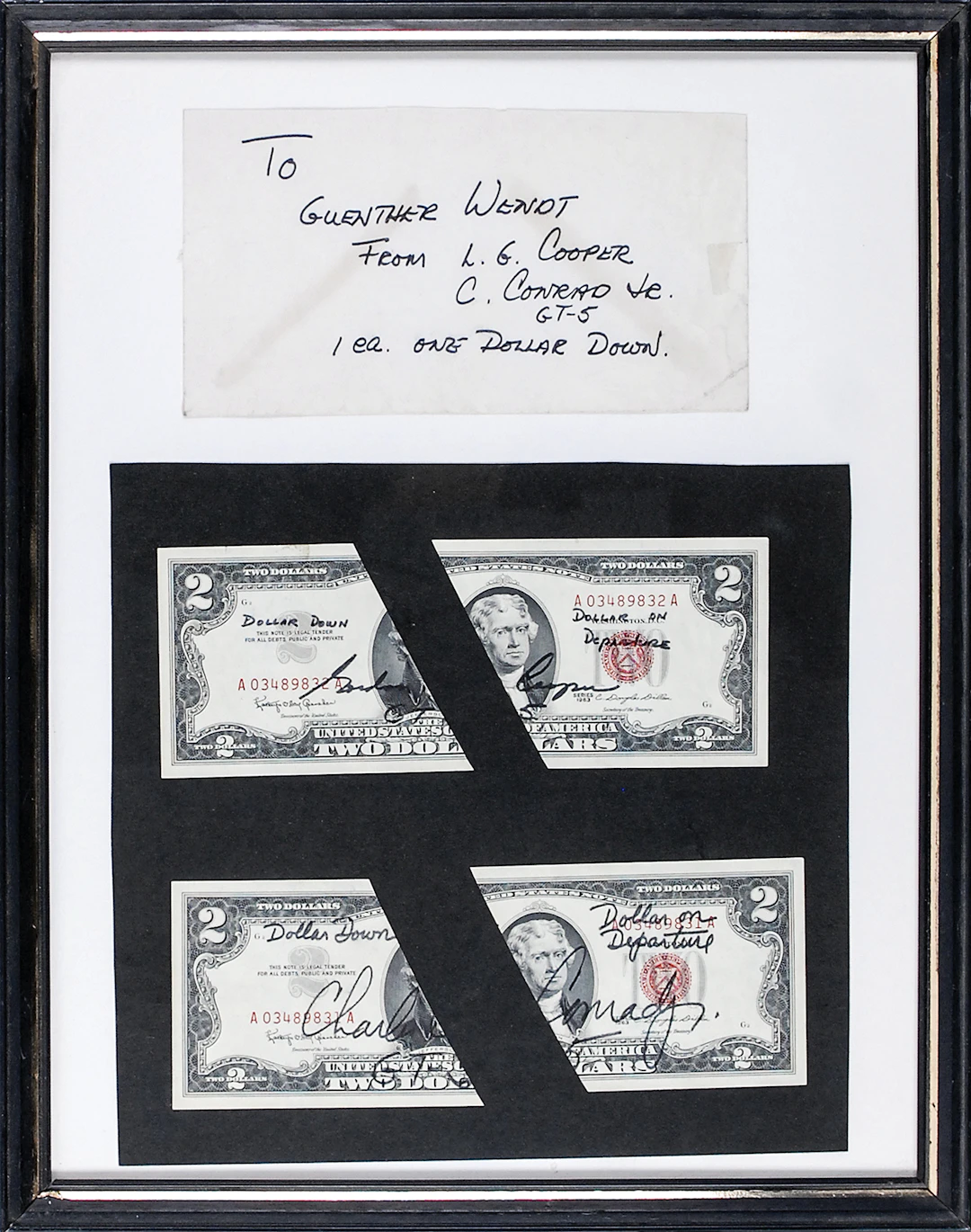 Gemini 5 Flown $2 Dollar Bill Halves, Signed by Charles Conrad and