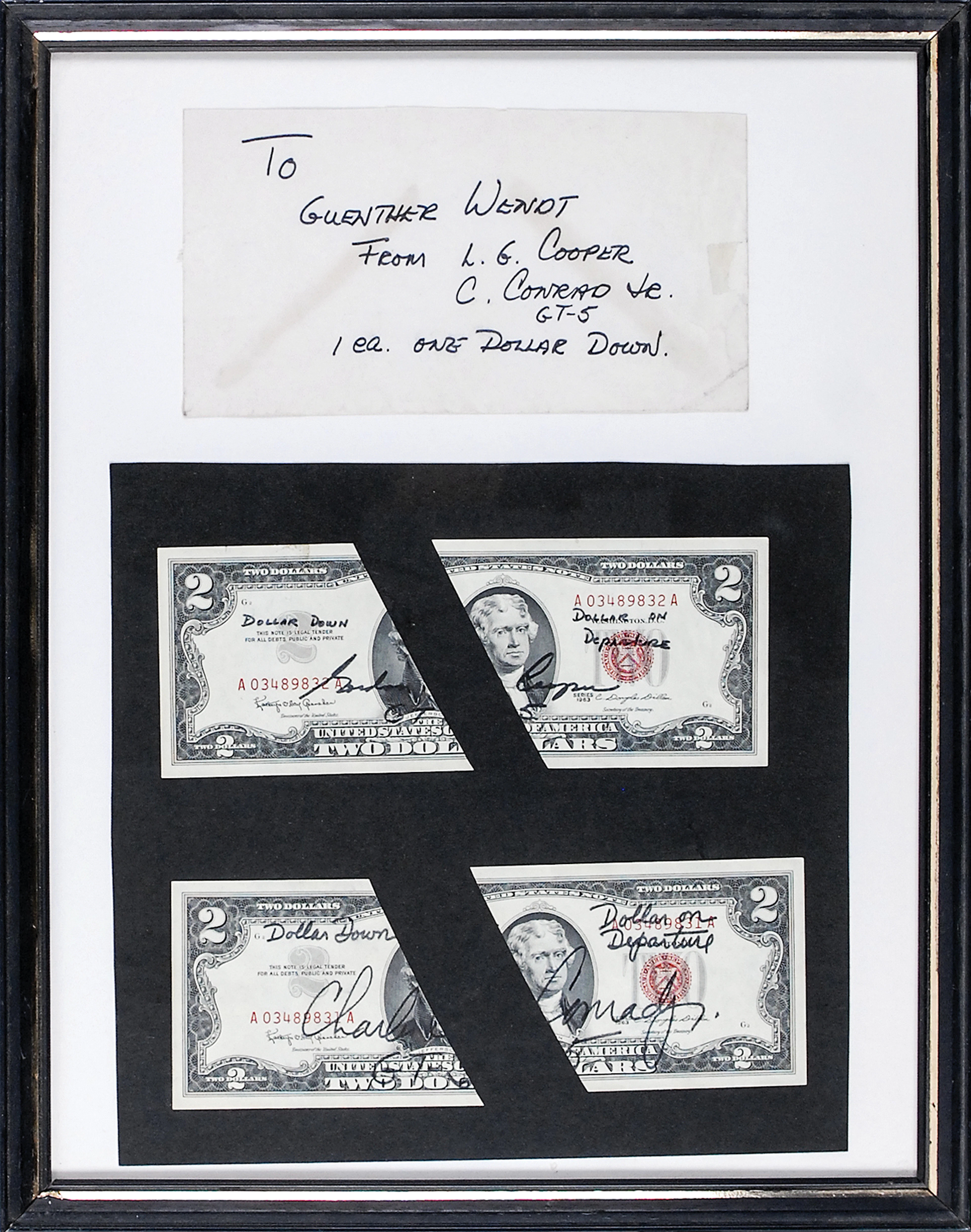 Gemini 5 Flown $2 Dollar Bill Halves, Signed by Charles Conrad and