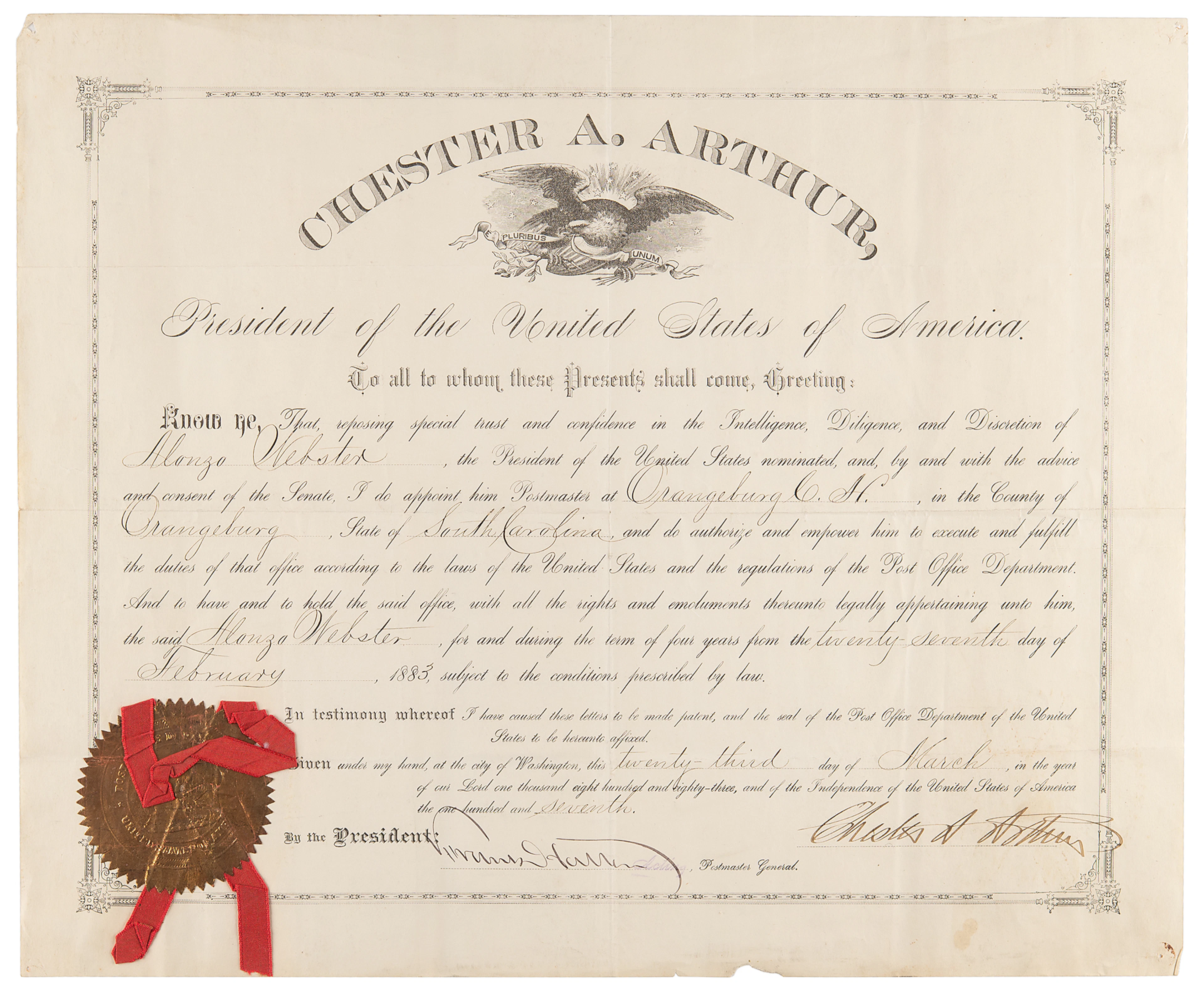 Chester A. Arthur Document Signed as President, Appointing a Postmaster