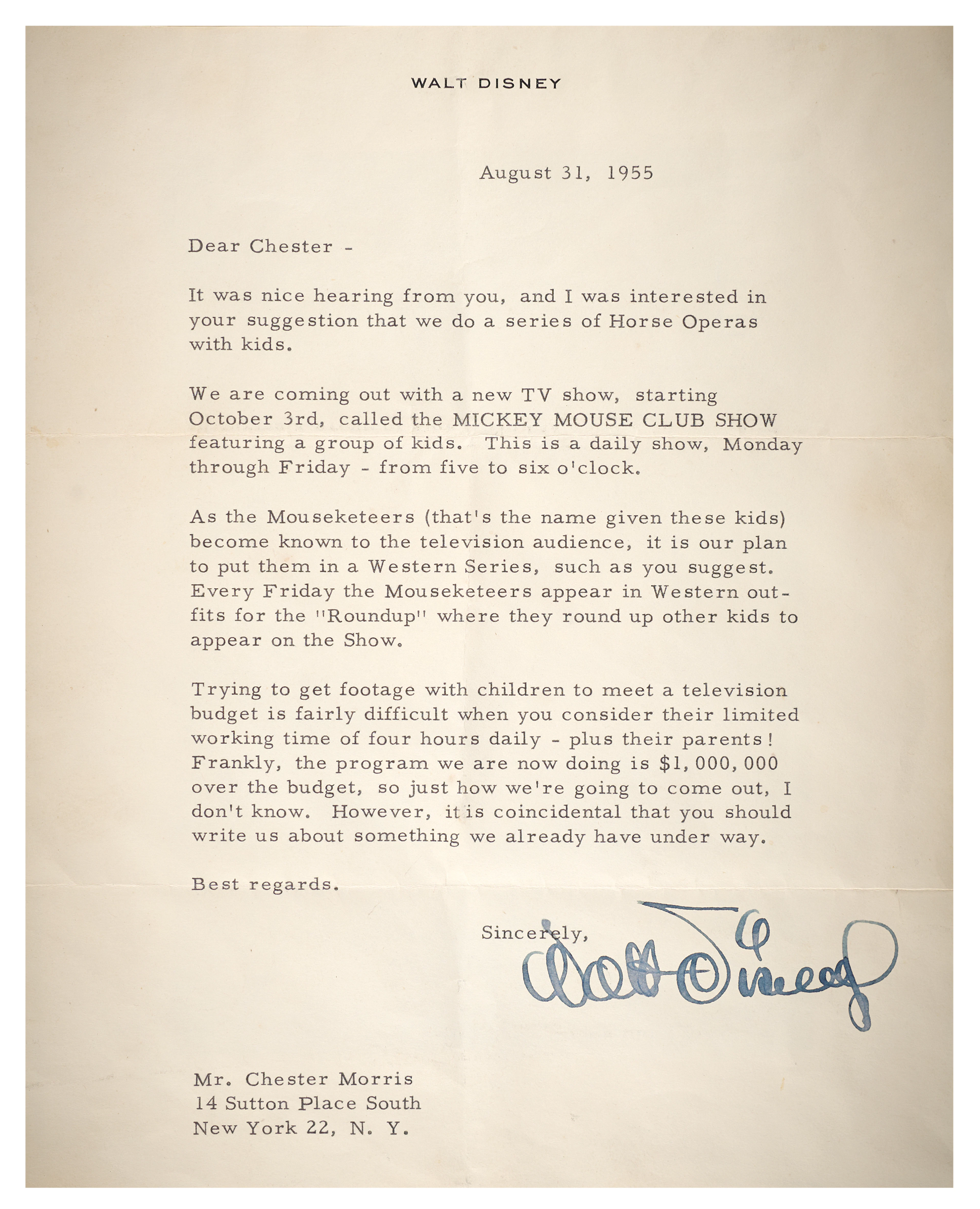 Walt Disney Typed Letter Signed on the Creation of the "Mickey Mouse Club Show"
