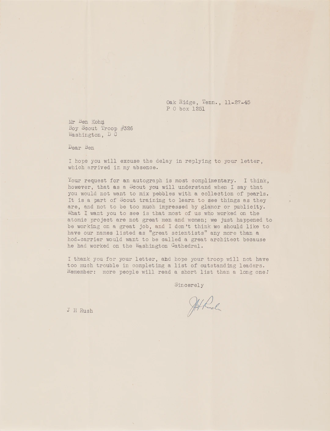 Oak Ridge: Joseph H. Rush Typed Letter Signed - "Most of us who worked