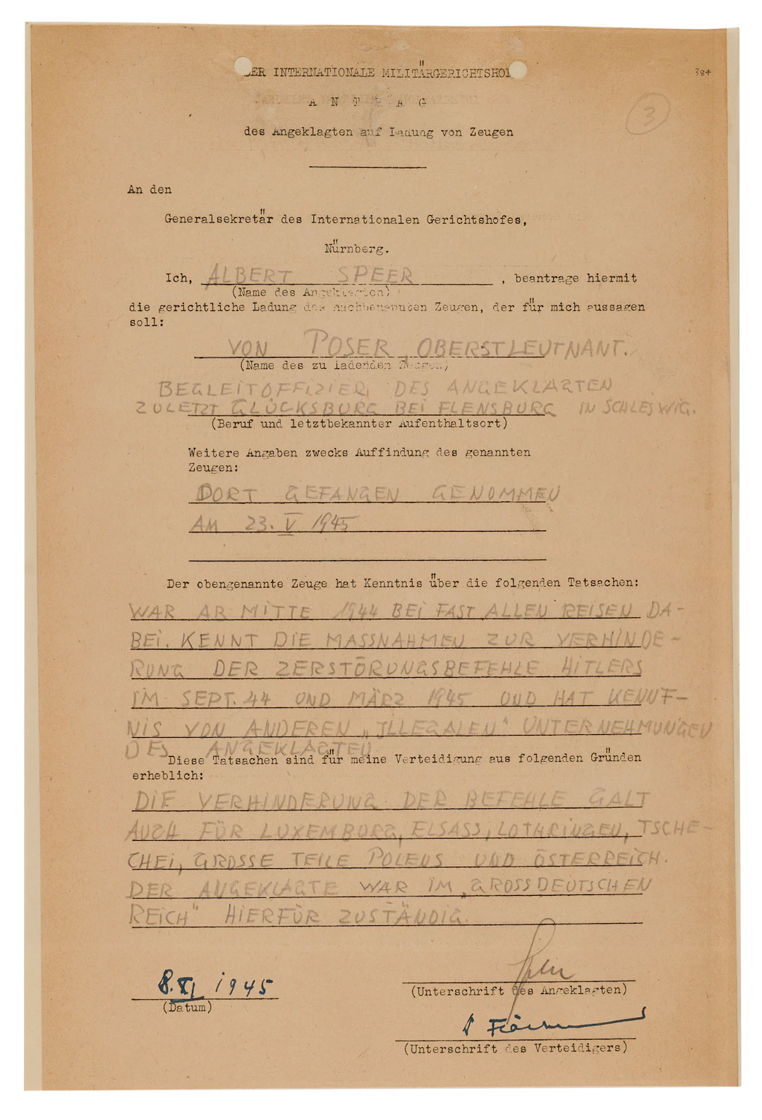 Albert Speer Document Signed at Nuremberg, Summoning a Witness to