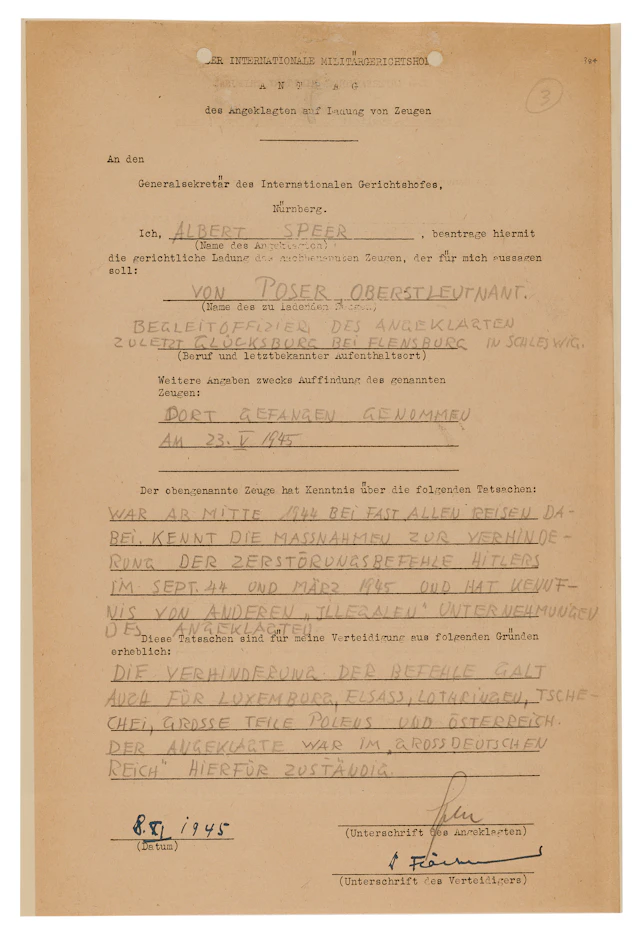 Albert Speer Document Signed at Nuremberg, Summoning a Witness to