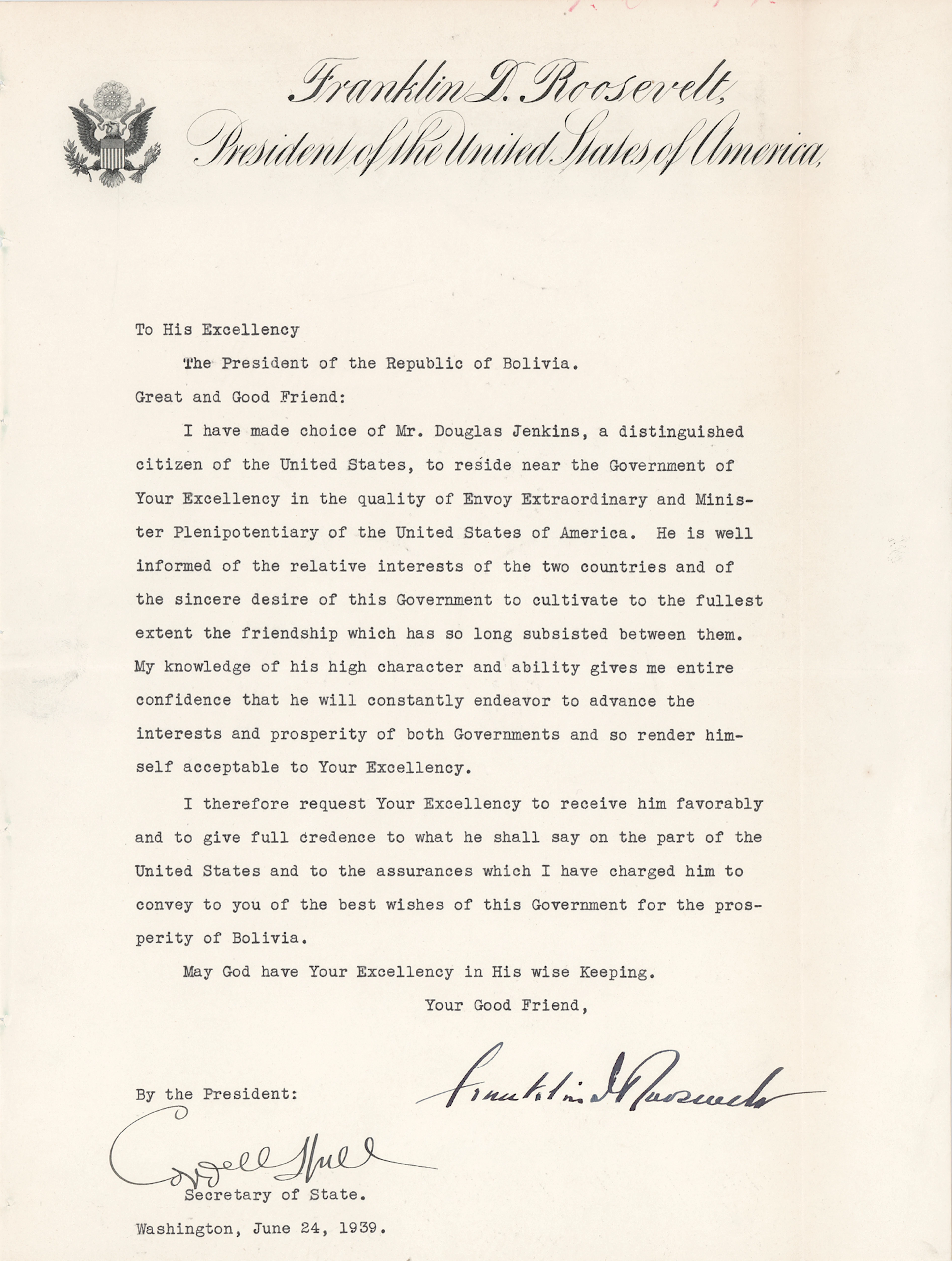 Franklin D. Roosevelt Typed Letter Signed as President to the President
