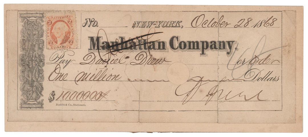 Daniel Drew Signed Check for $1,000,000 at the Height of the Erie