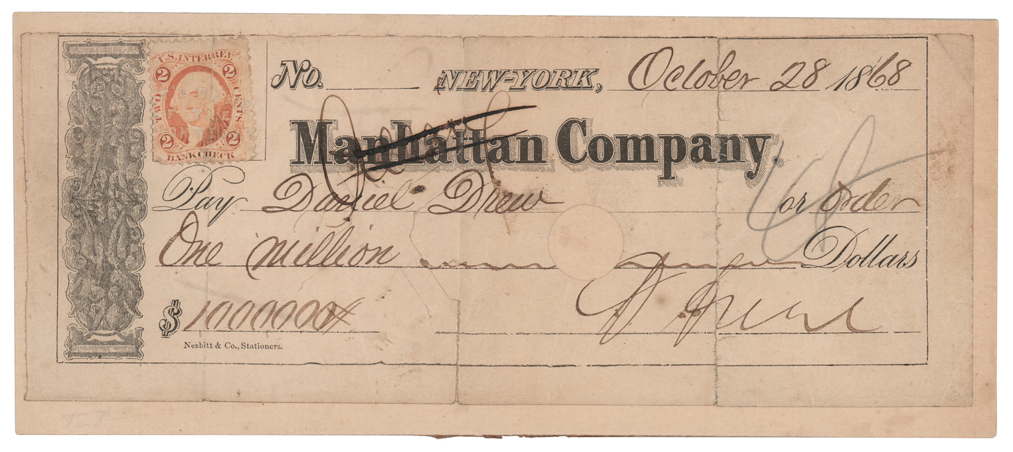 Daniel Drew Signed Check for $1,000,000 at the Height of the Erie