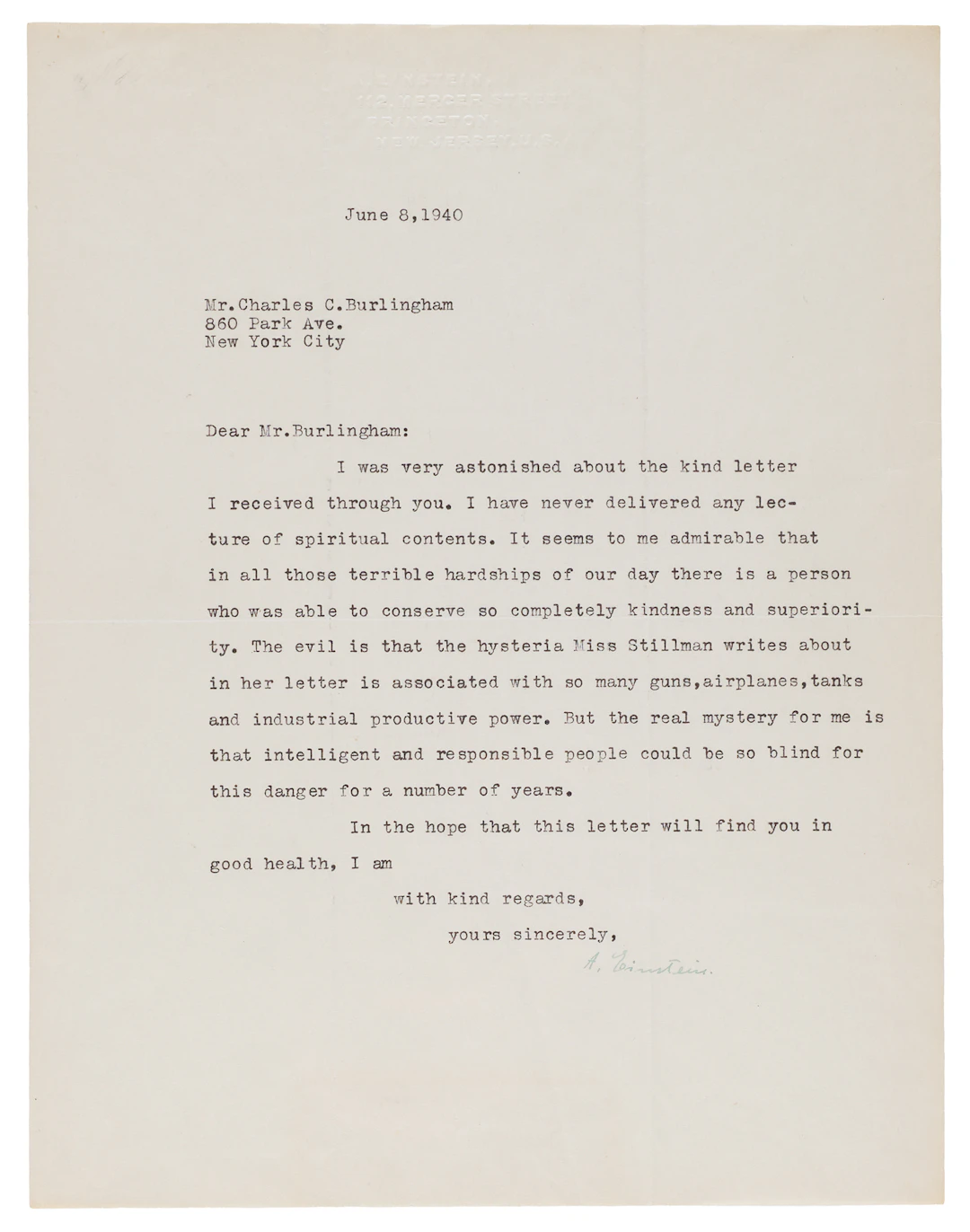 Albert Einstein Typed Letter Signed, Written Days After Dunkirk on