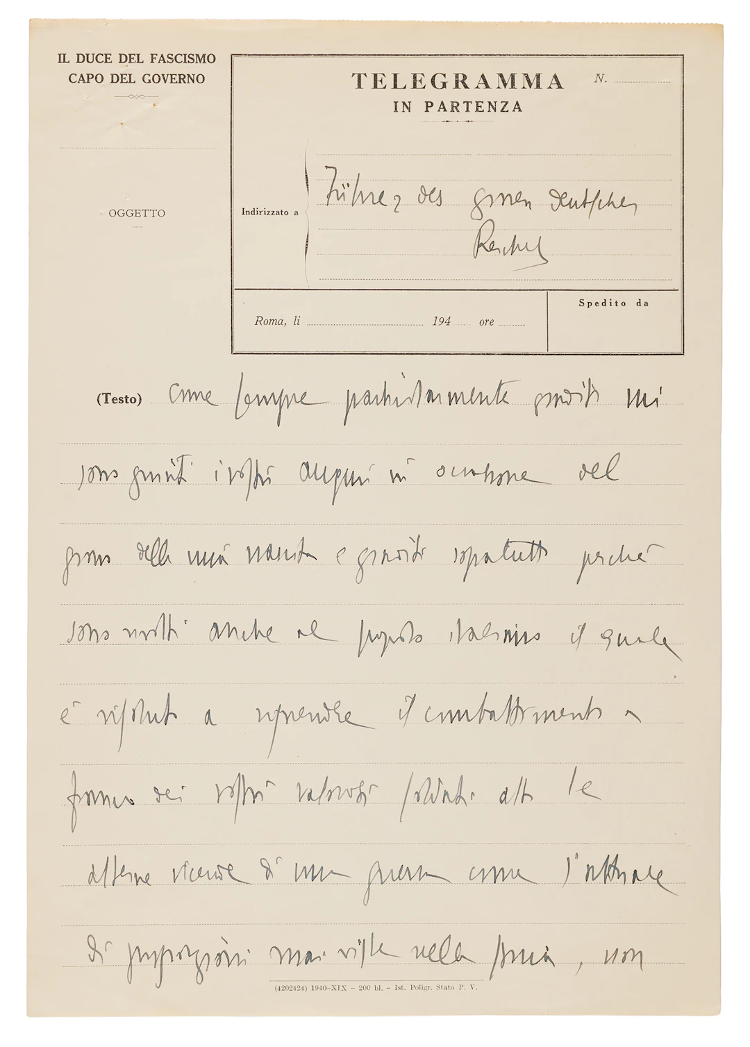 Benito Mussolini Autograph Telegram Draft to Adolf Hitler, Following