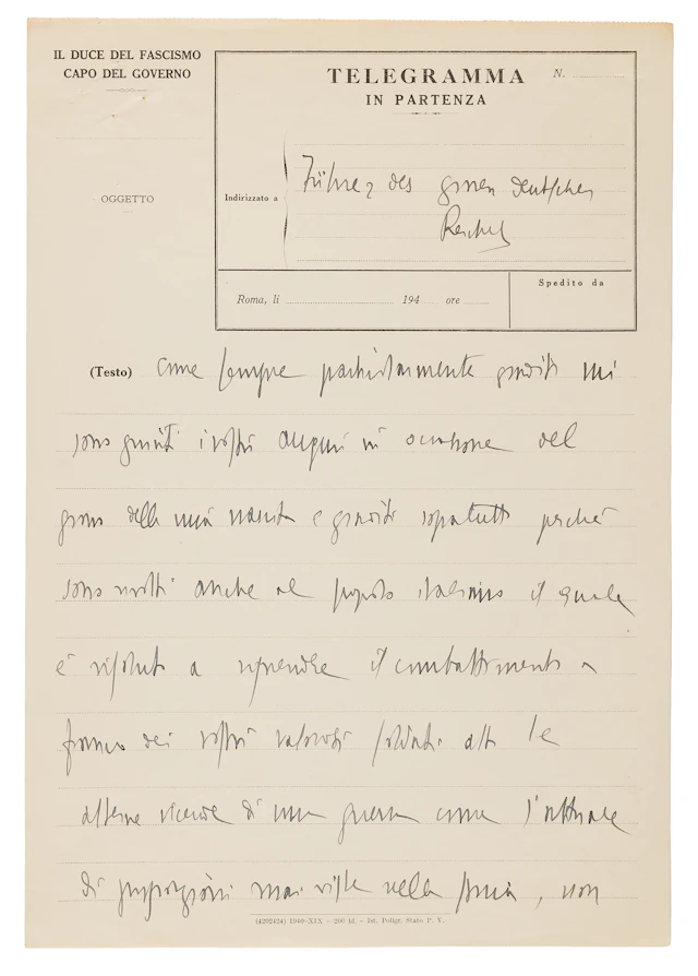 Benito Mussolini Autograph Telegram Draft to Adolf Hitler, Following