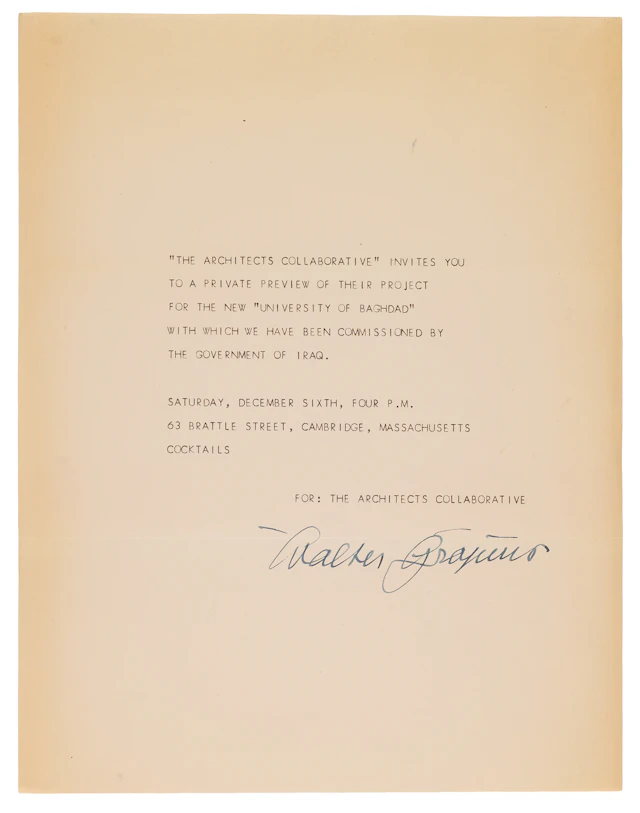 Walter Gropius Signed Invitation for the University of Baghdad Project