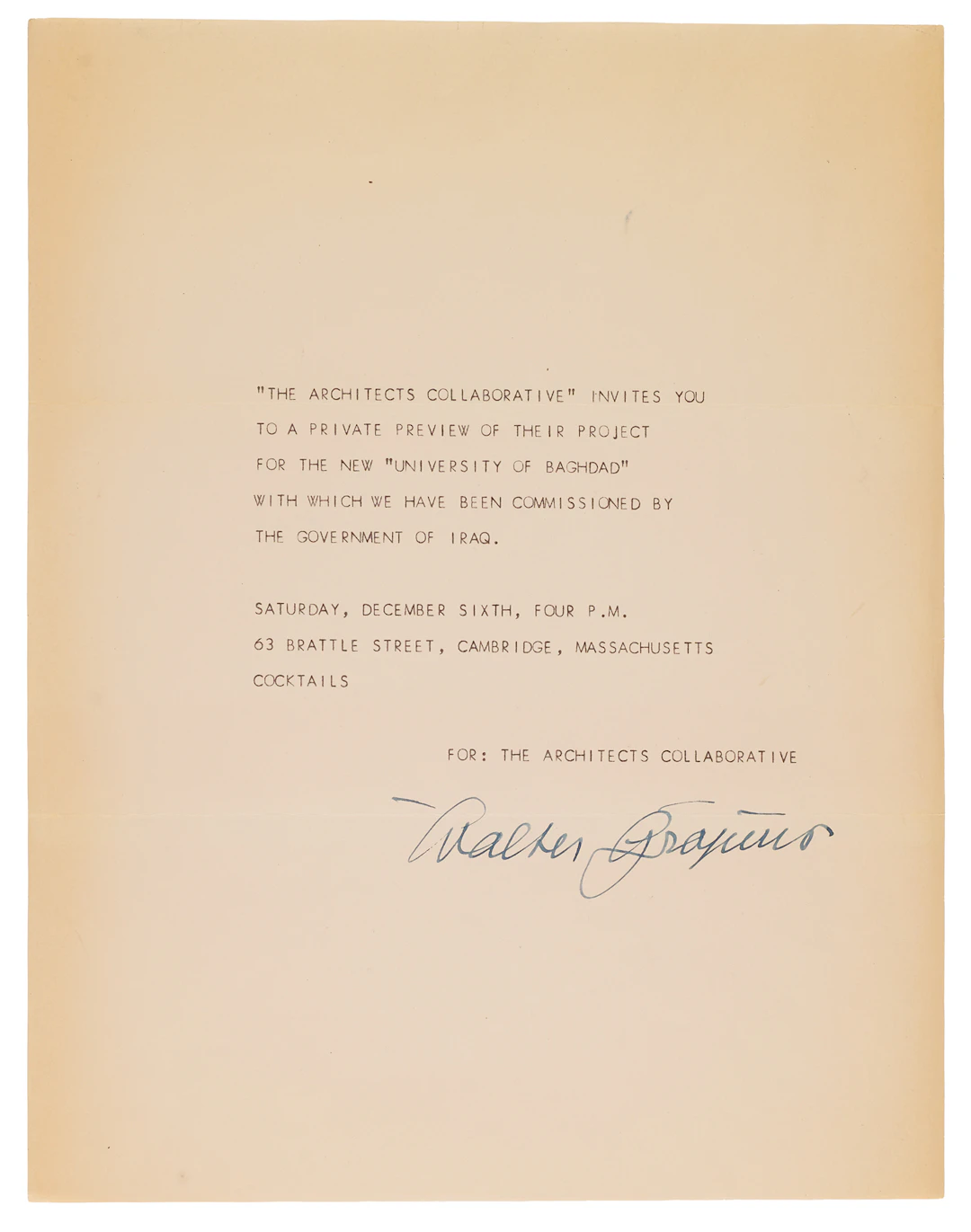 Walter Gropius Signed Invitation for the University of Baghdad Project