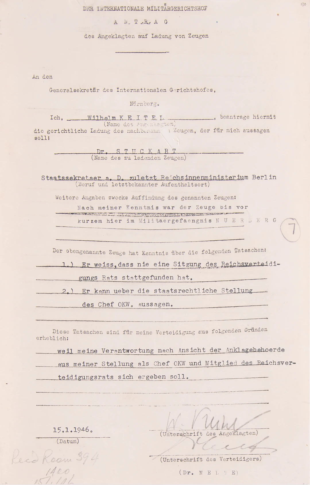 Wilhelm Keitel Document Signed at Nuremberg, Calling Wilhelm Stuckart