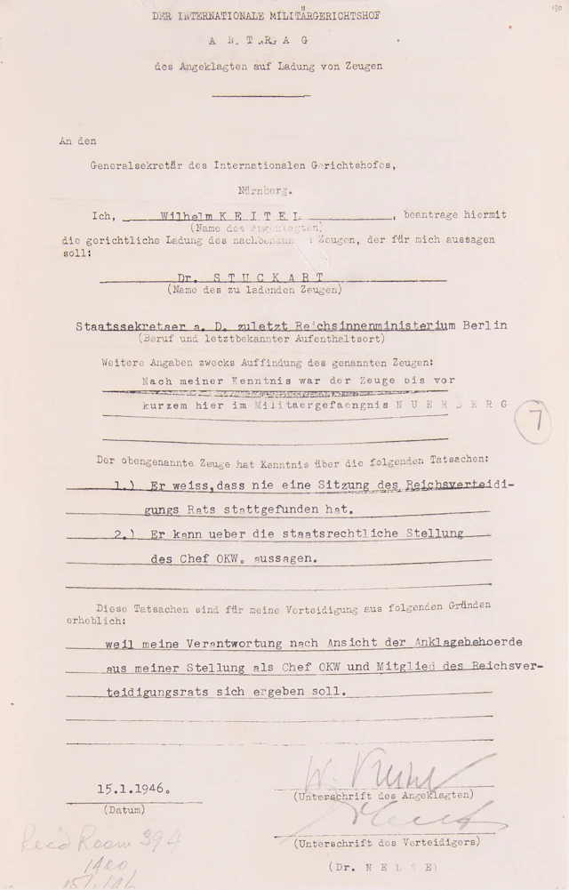 Wilhelm Keitel Document Signed at Nuremberg, Calling Wilhelm Stuckart