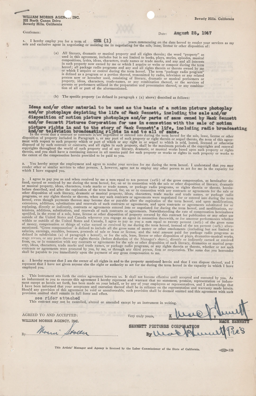 Mack Sennett Triple-Signed Document