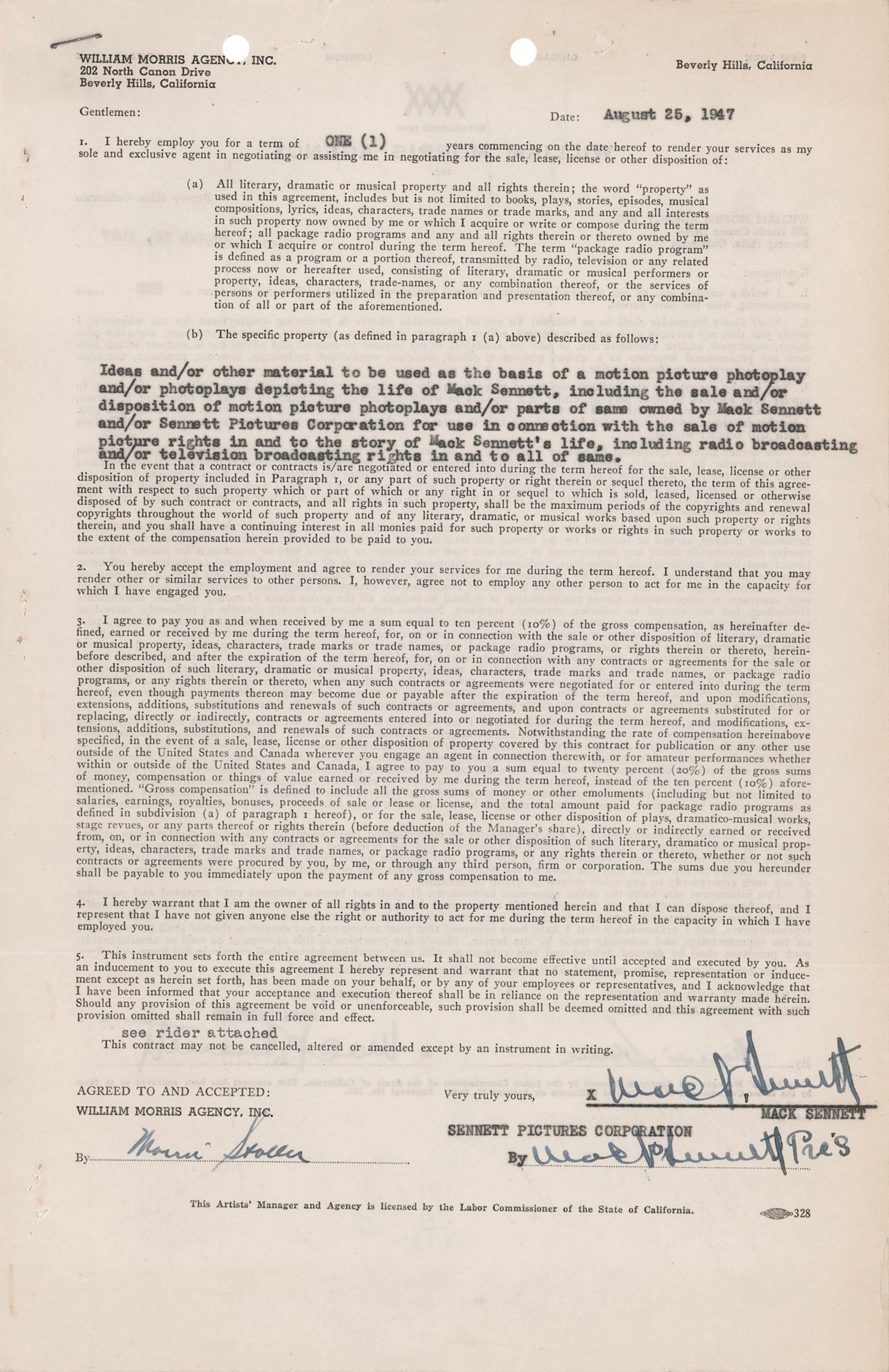 Mack Sennett Triple-Signed Document