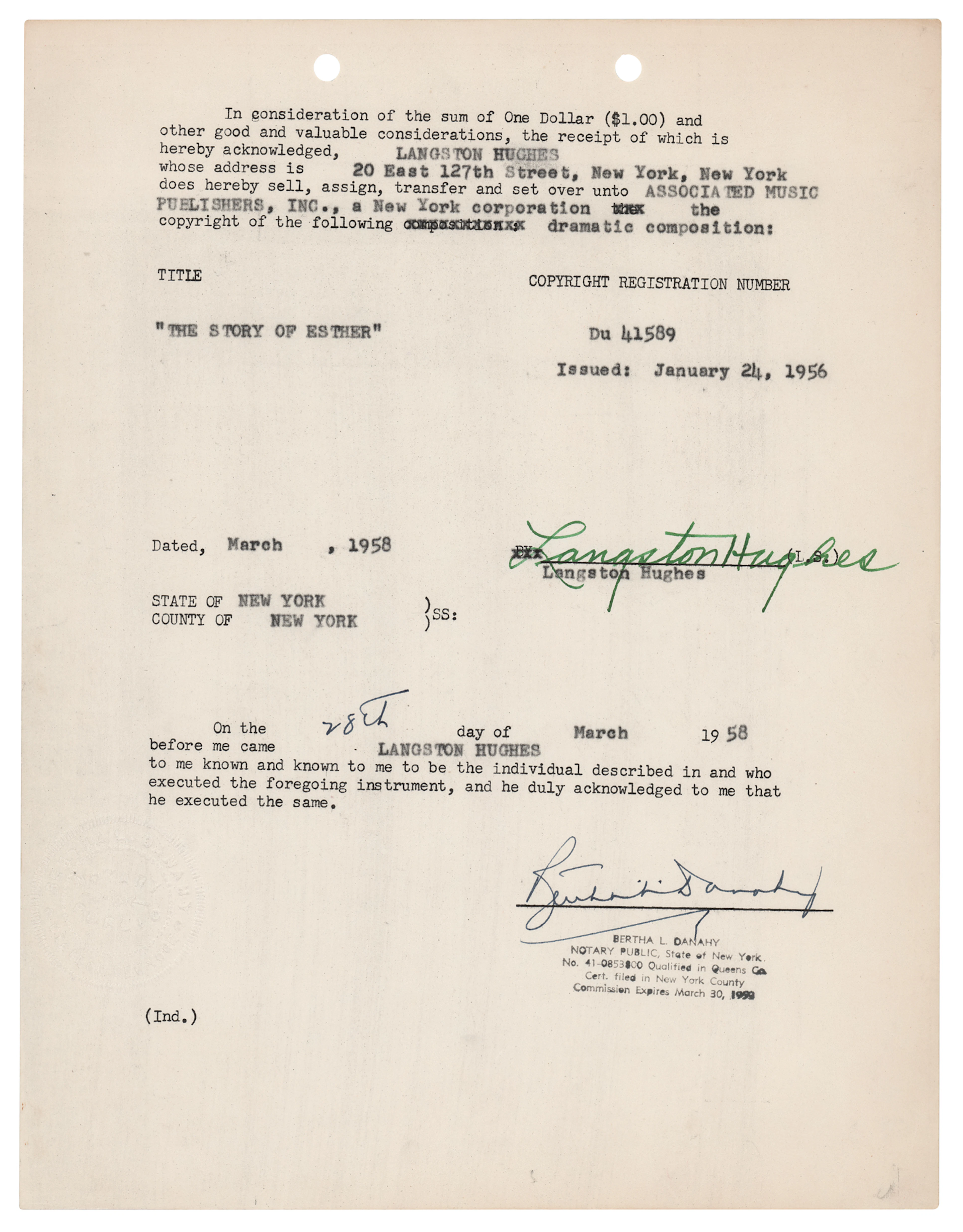 Langston Hughes Document Signed