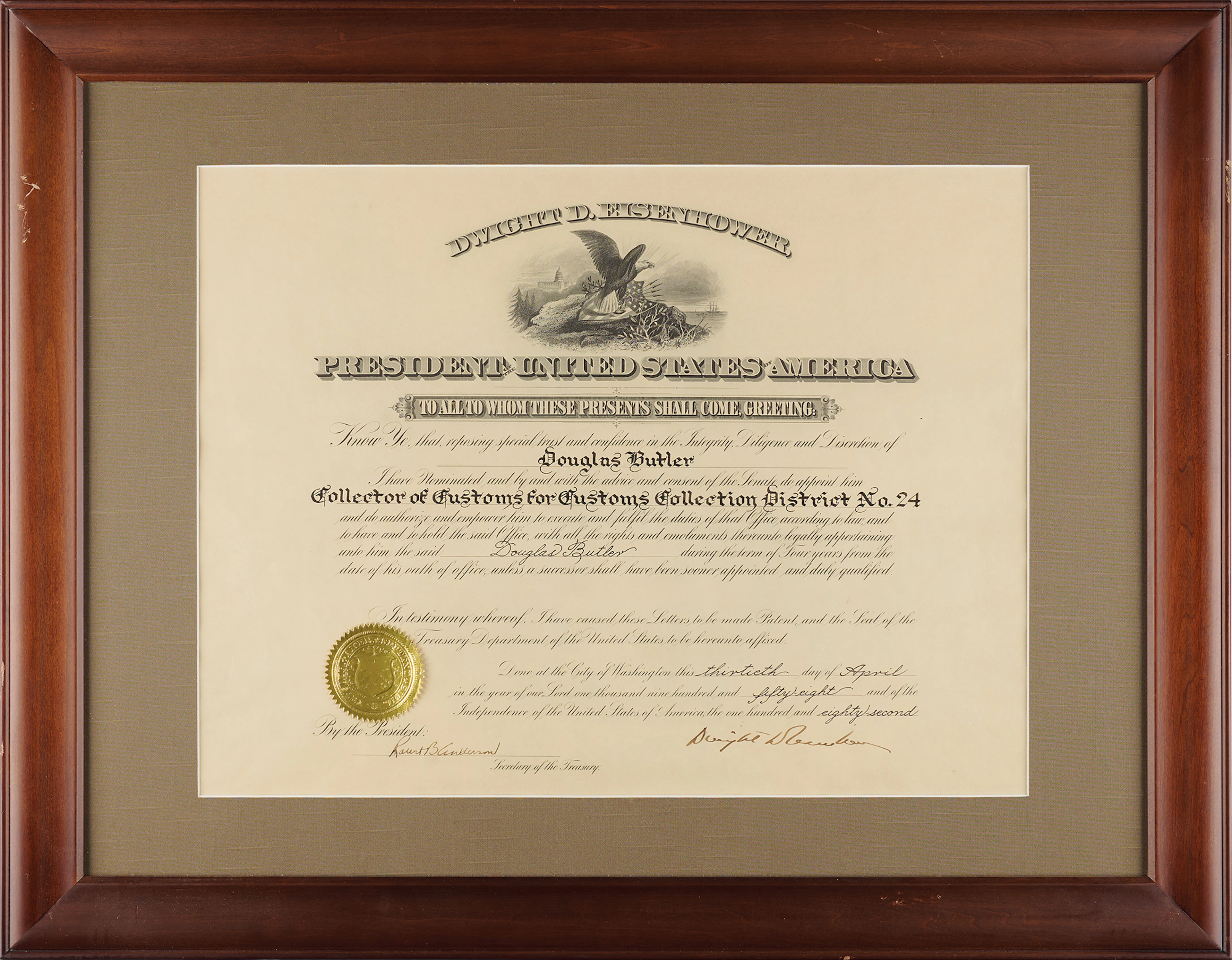 Dwight D. Eisenhower Document Signed as President, Appointing a Customs