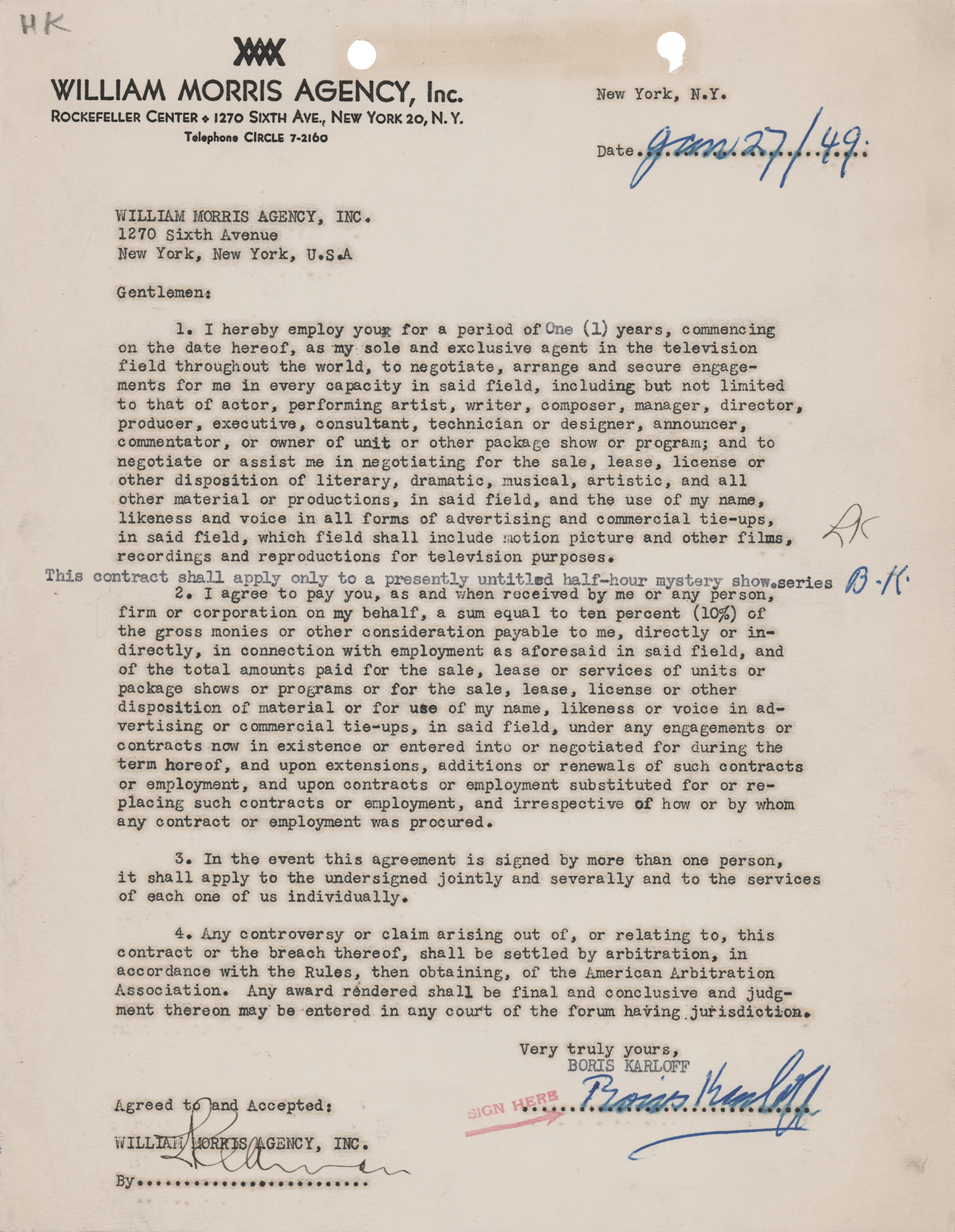 Boris Karloff Document Signed for a "presently untitled half-hour