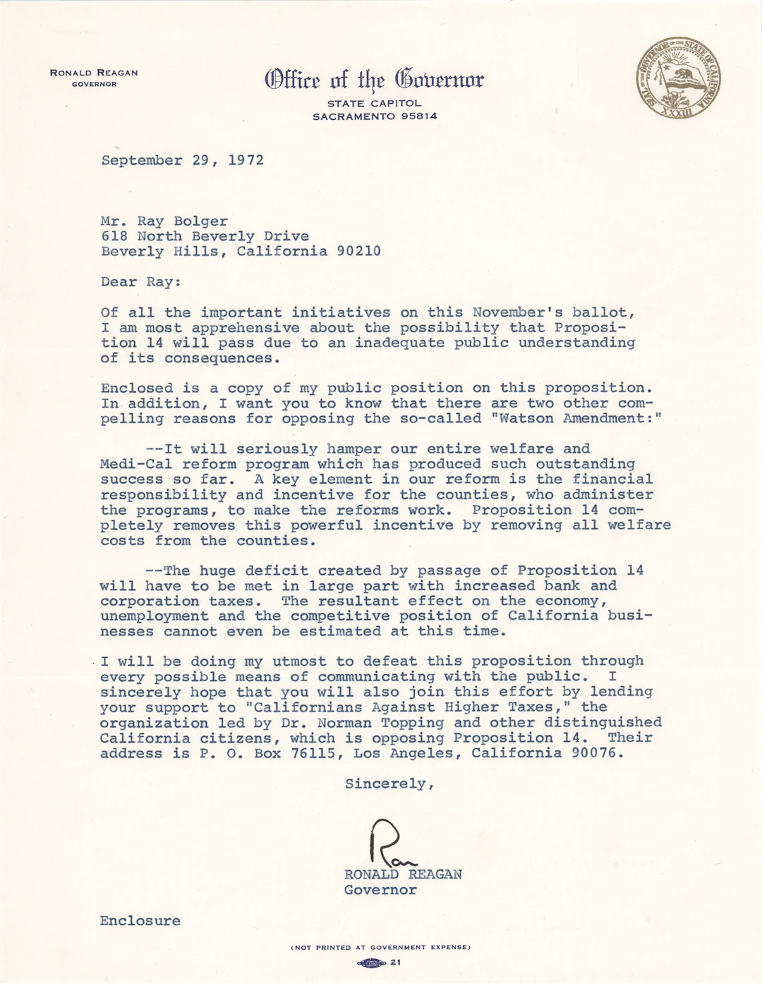 Ronald Reagan Typed Letter Signed as California Governor to Ray Bolger