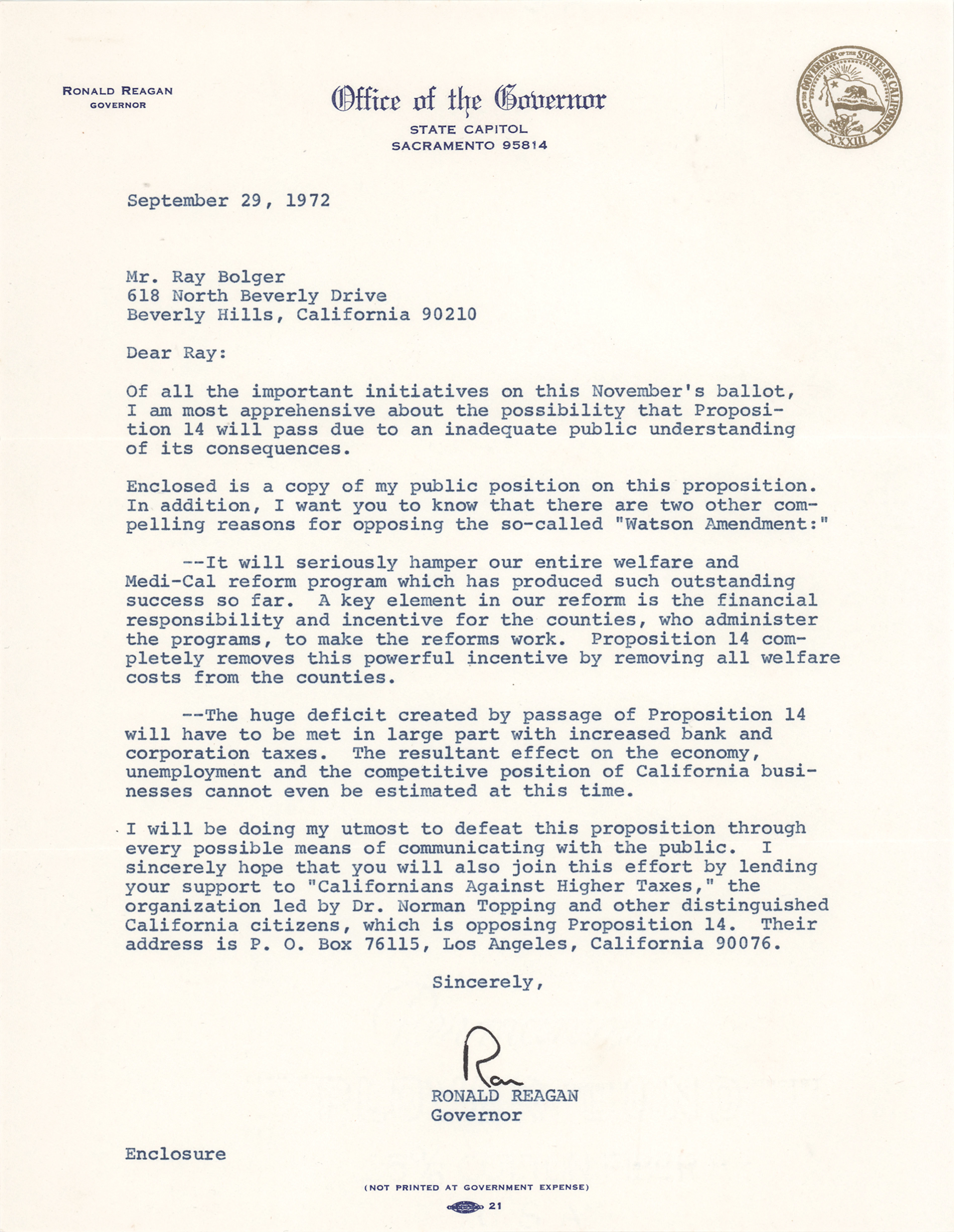 Ronald Reagan Typed Letter Signed as California Governor to Ray Bolger