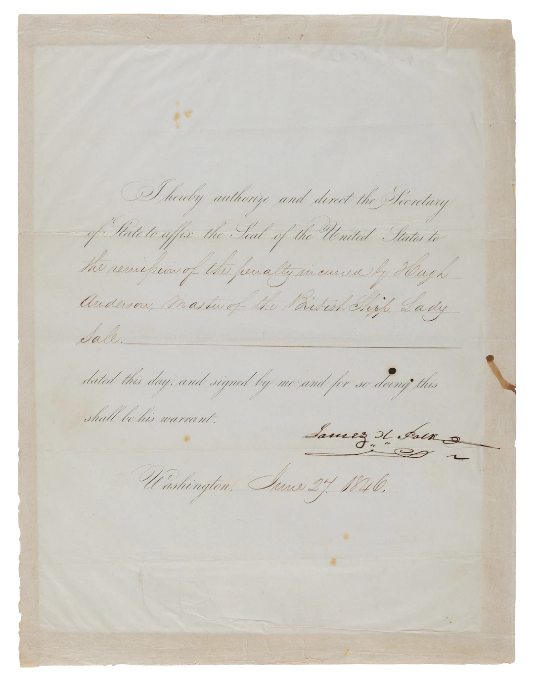 James K. Polk Document Signed as President for Remission of "the penalty