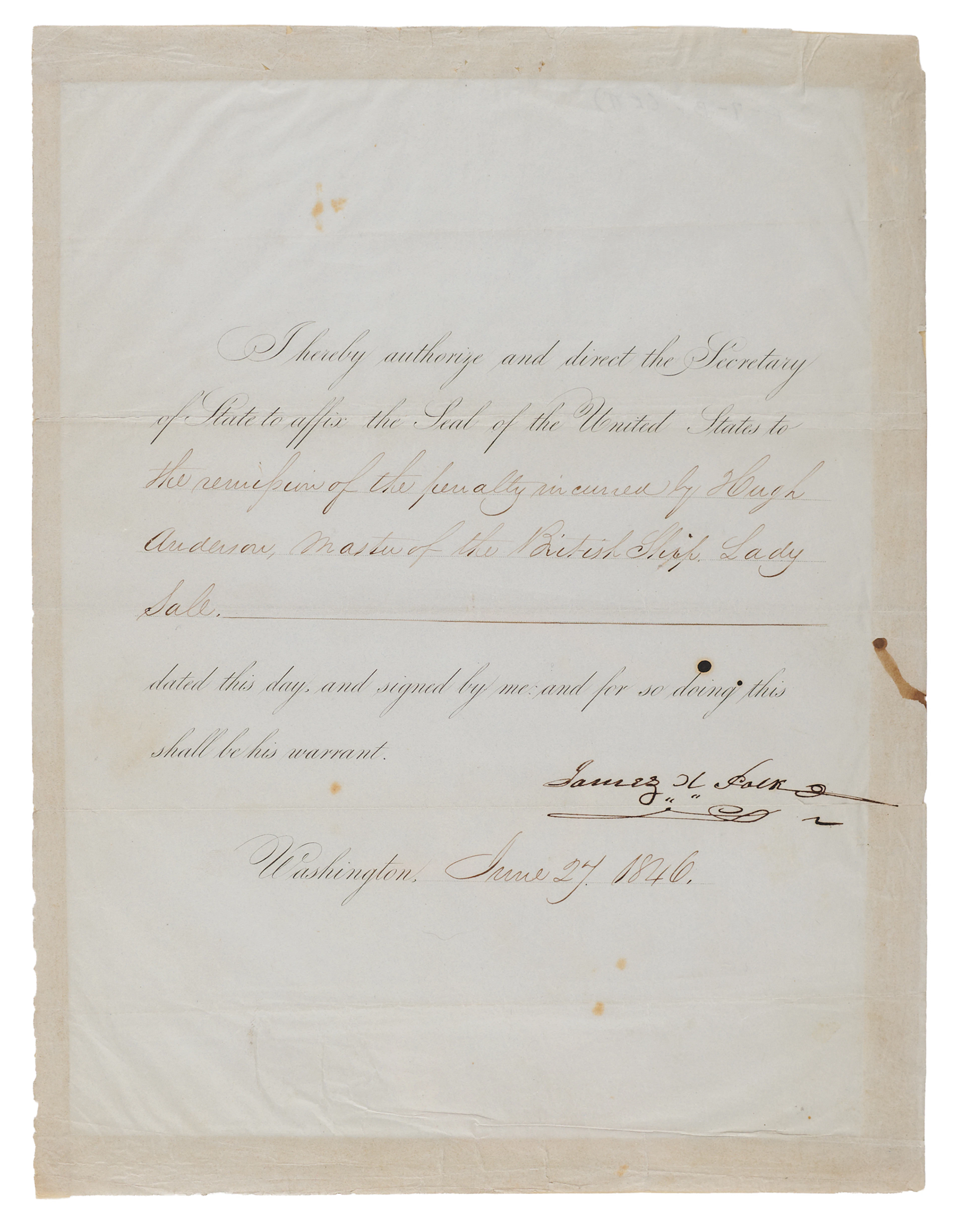 James K. Polk Document Signed as President for Remission of "the penalty