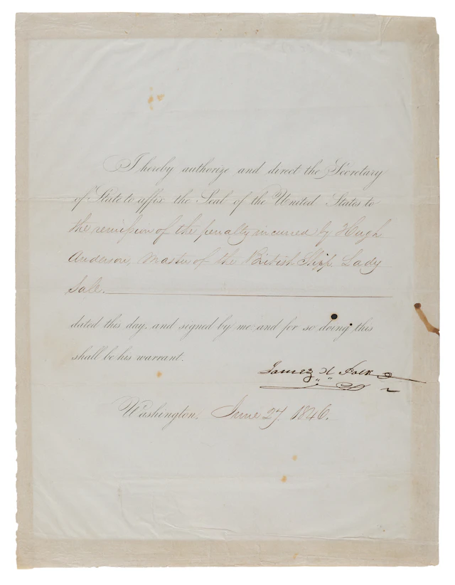 James K. Polk Document Signed as President for Remission of "the penalty