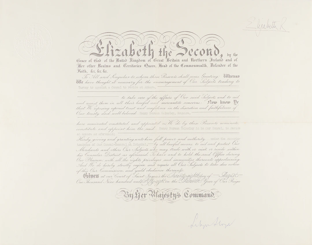 Queen Elizabeth II Document Signed, Appointing a Consul at Ankara, Turkey
