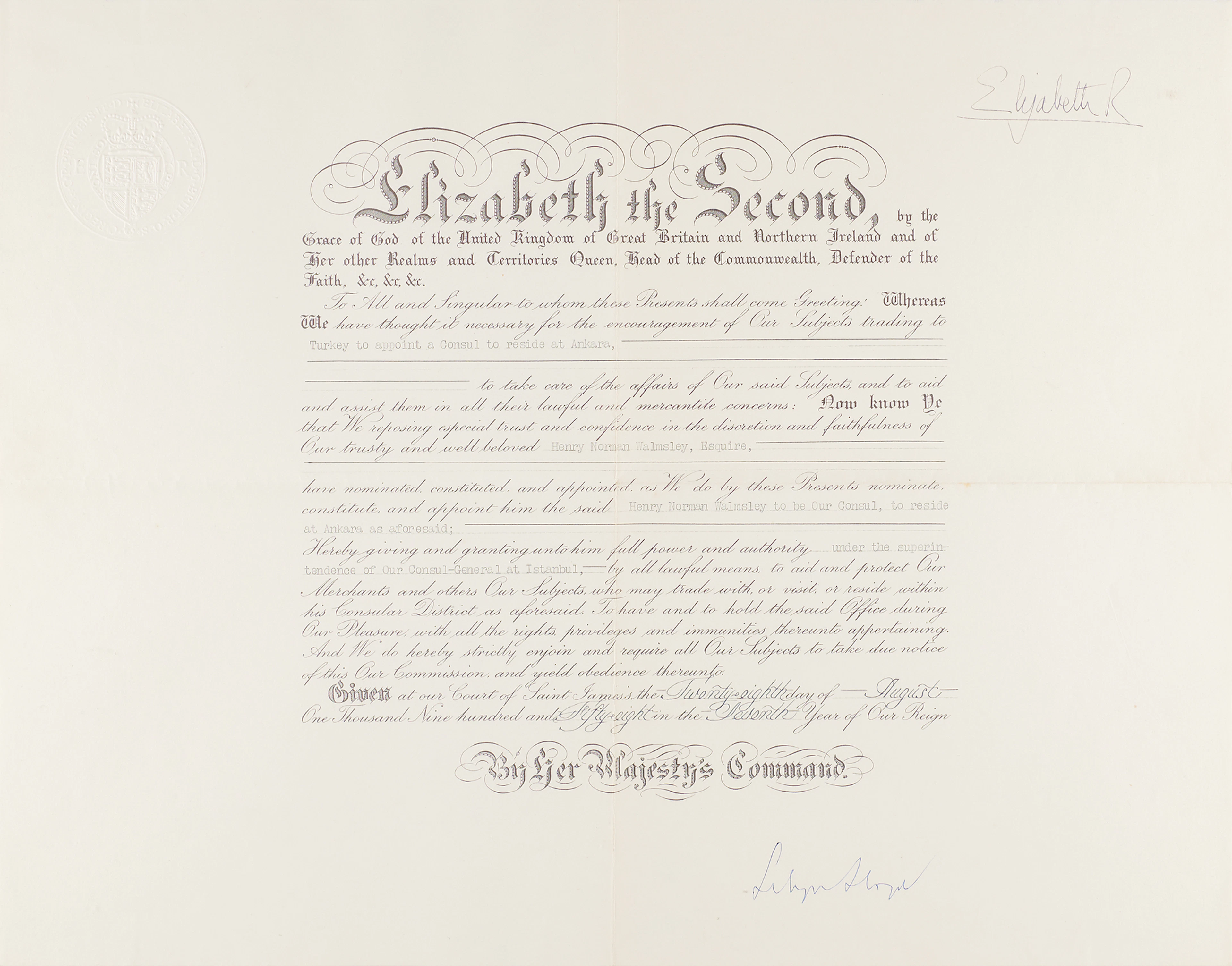 Queen Elizabeth II Document Signed, Appointing a Consul at Ankara, Turkey