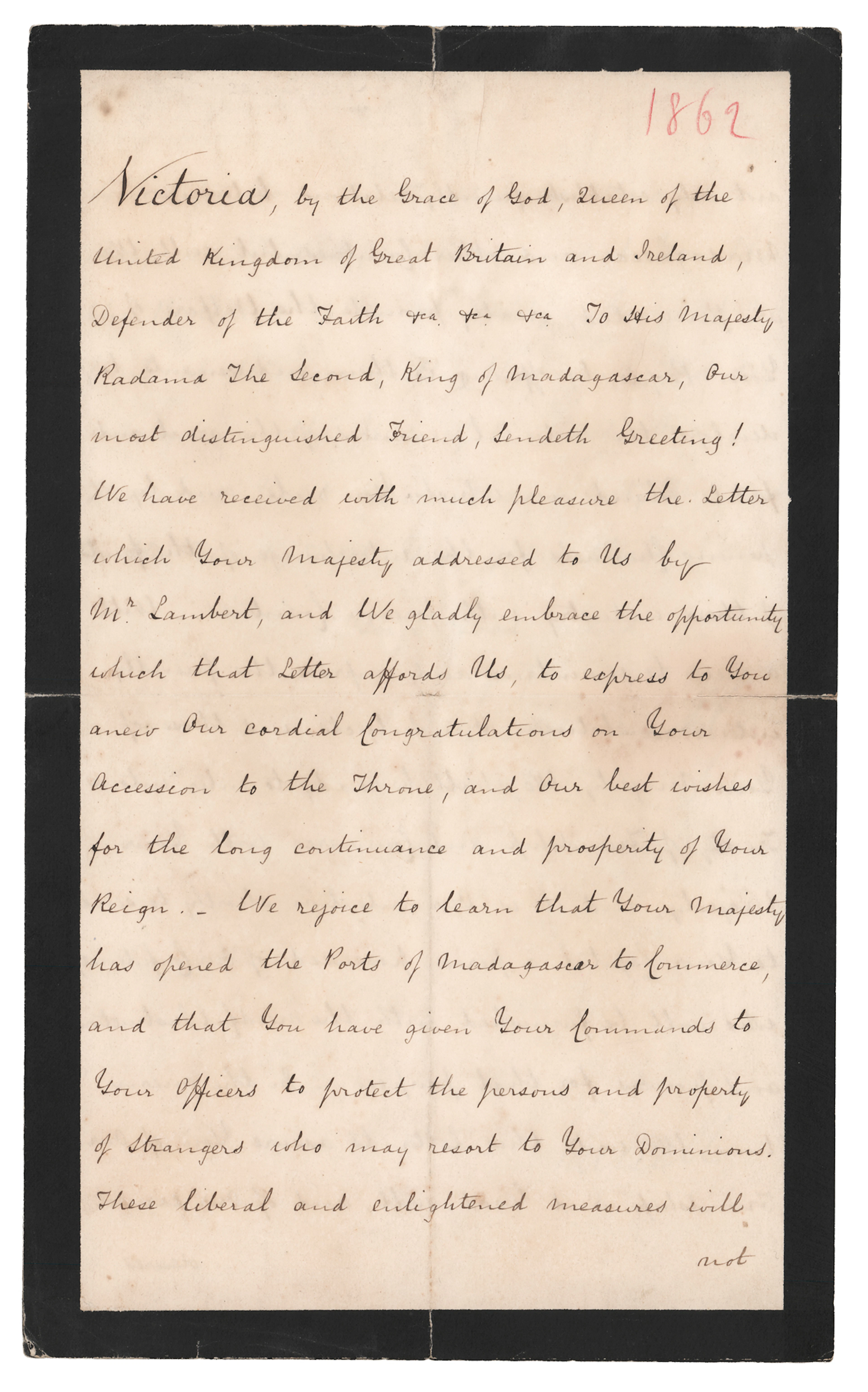 Queen Victoria Letter Signed to the King of Madagascar: "Our cordial