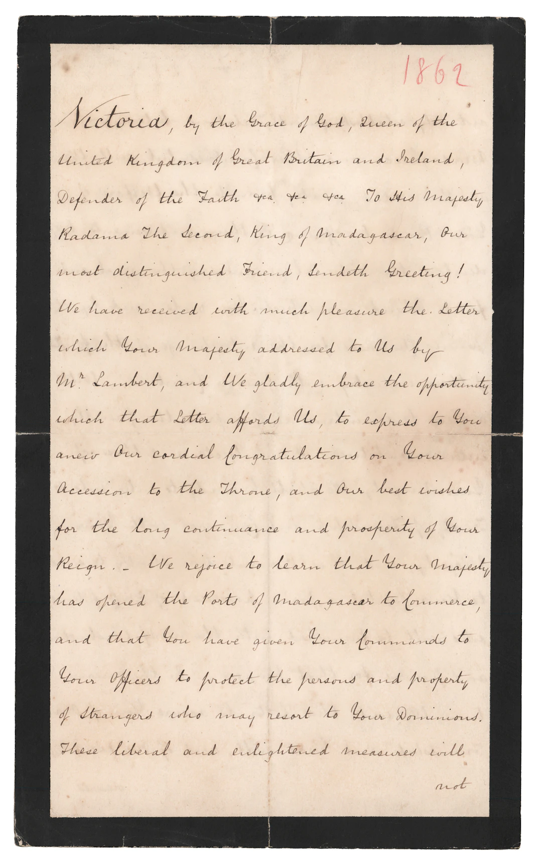 Queen Victoria Letter Signed to the King of Madagascar: "Our cordial