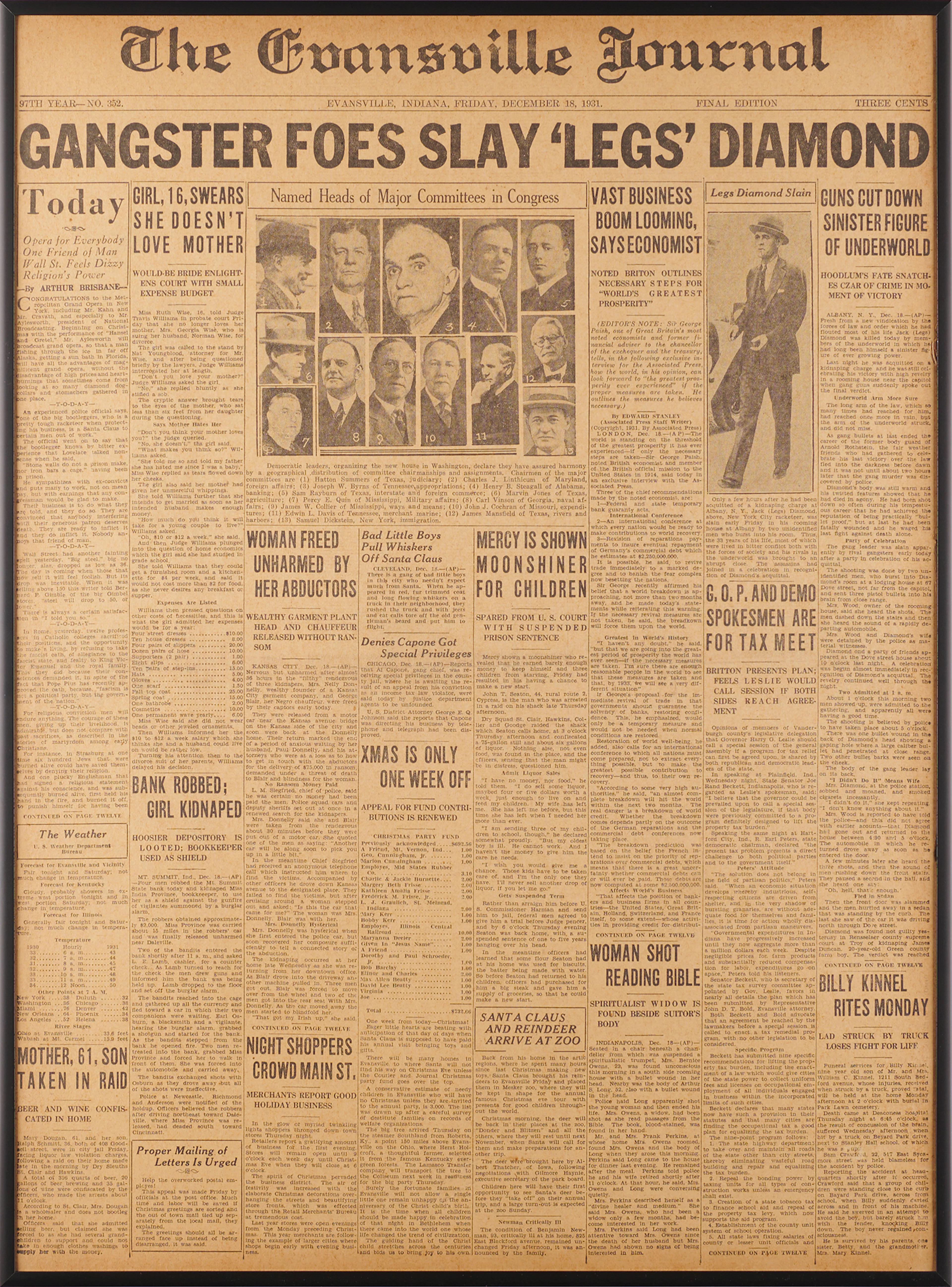 Jack 'Legs' Diamond: Front Page of the Evansville Journal, December