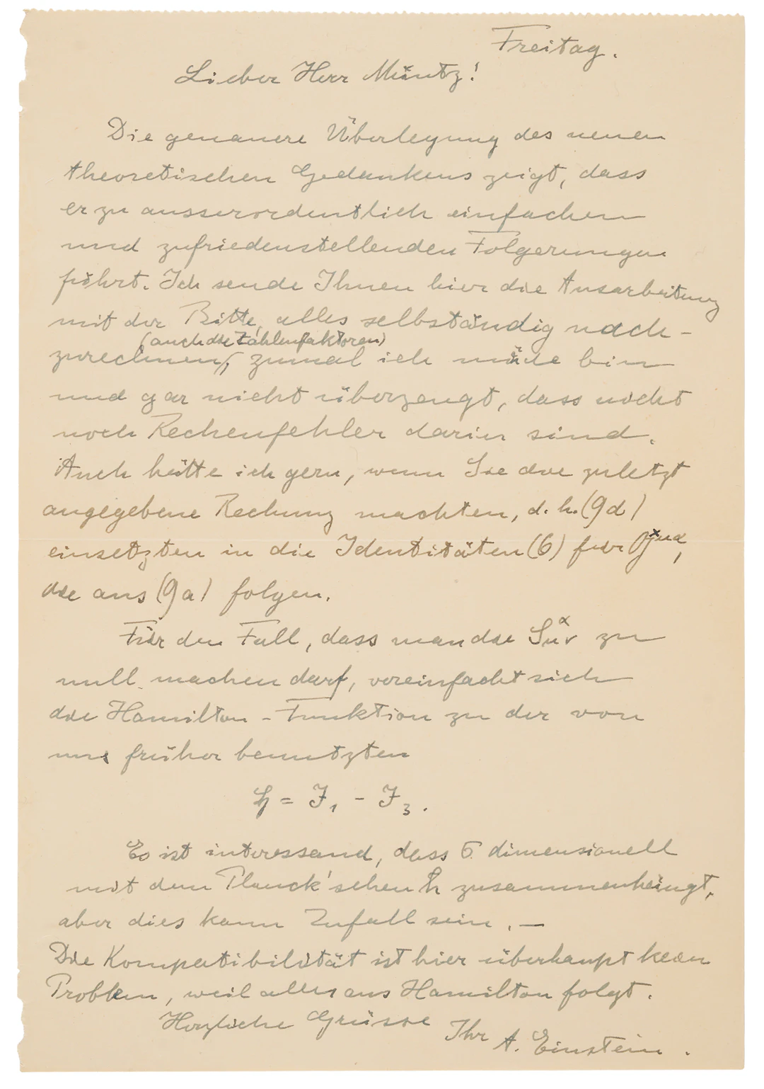 Albert Einstein Autograph Letter Signed on Hamiltonian Mechanics and